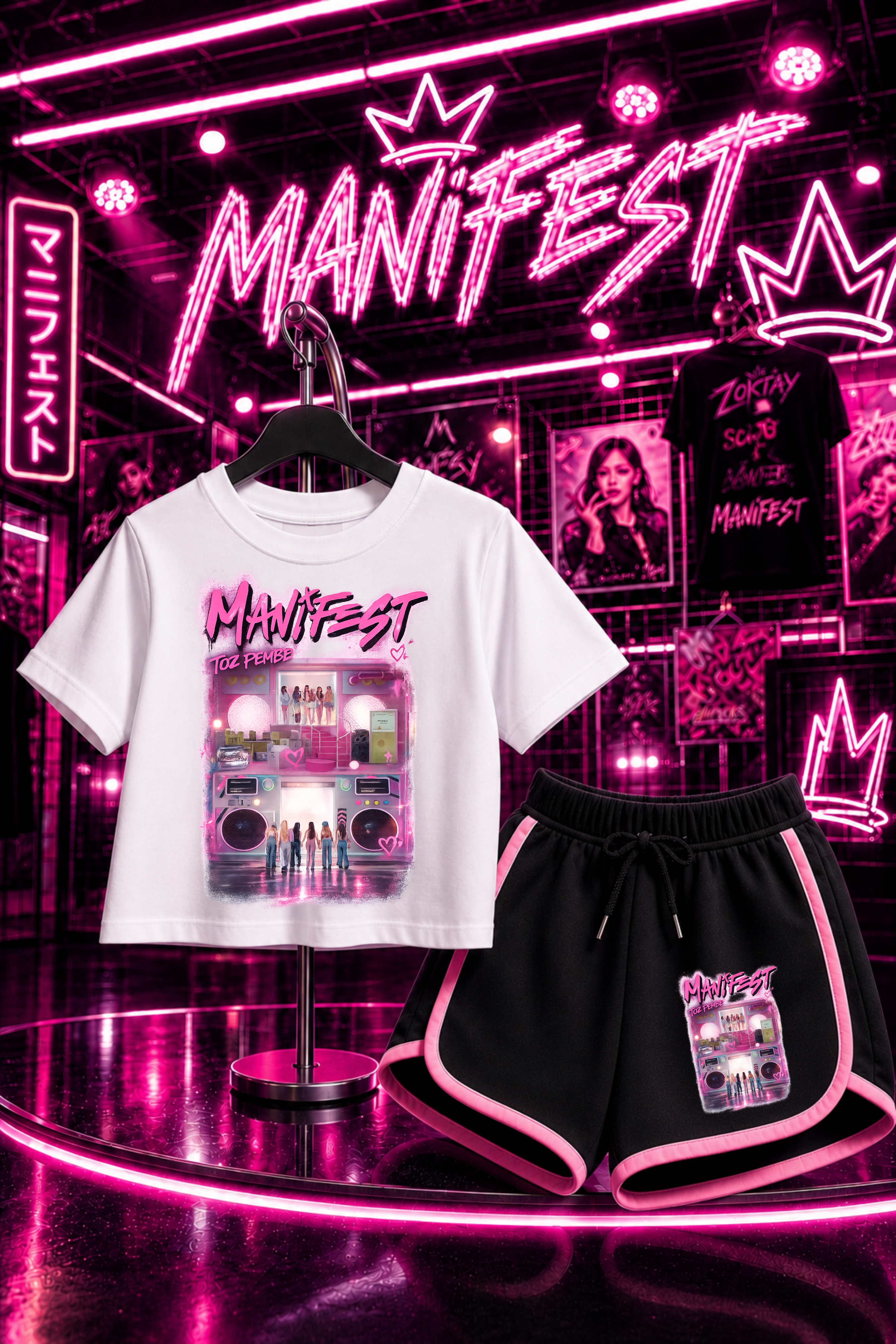 Manifest TozPembe 2 Baskılı Beyaz Crop Siyah Şort Takım