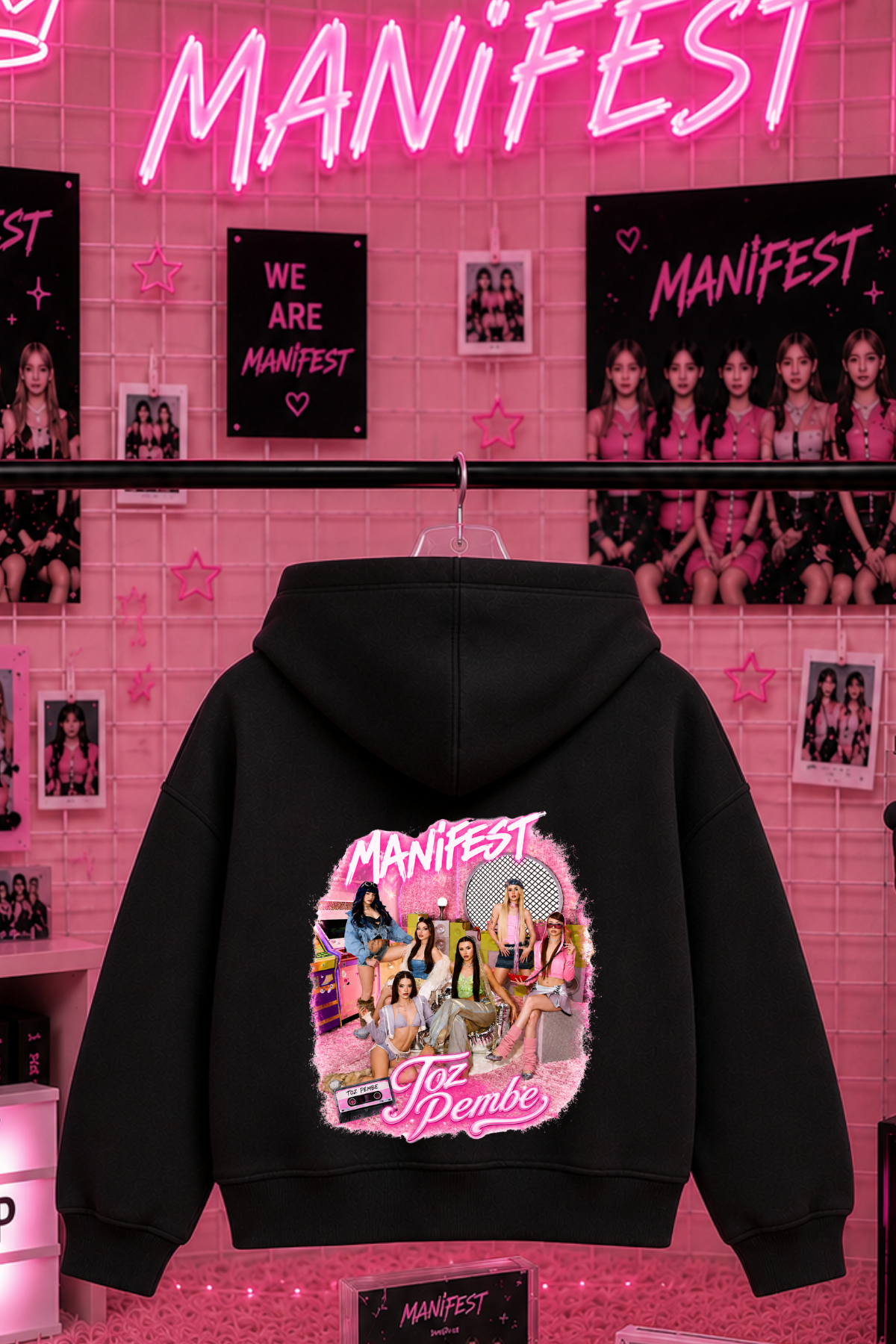 Manifest TozPembe Baskılı Siyah 3 İplik Şardonsuz Sweatshirt