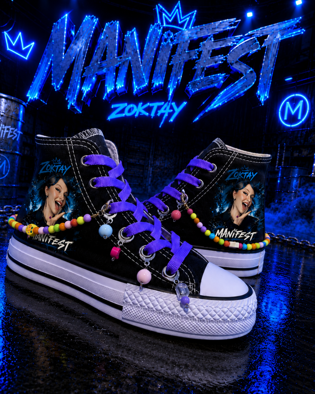 Manifest Zoktay Baskılı Siyah Boncuk ve Halhallı Spor Ayakkabı Sneaker 