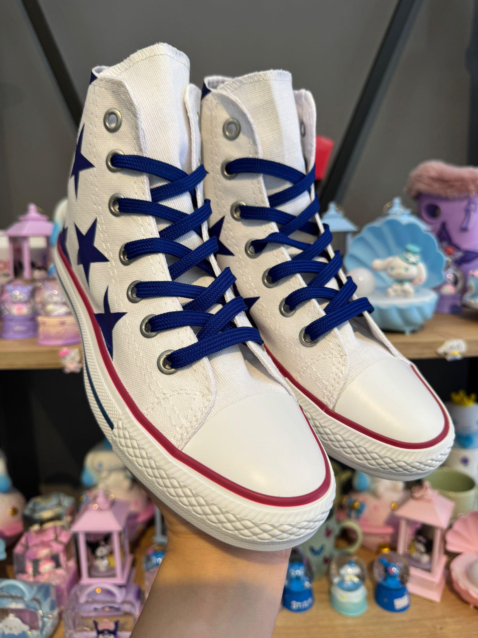Mavi Yıldız Baskılı Beyaz Bilekli Unisex Kadın-Erkek Spor Ayakkabı Sneaker 