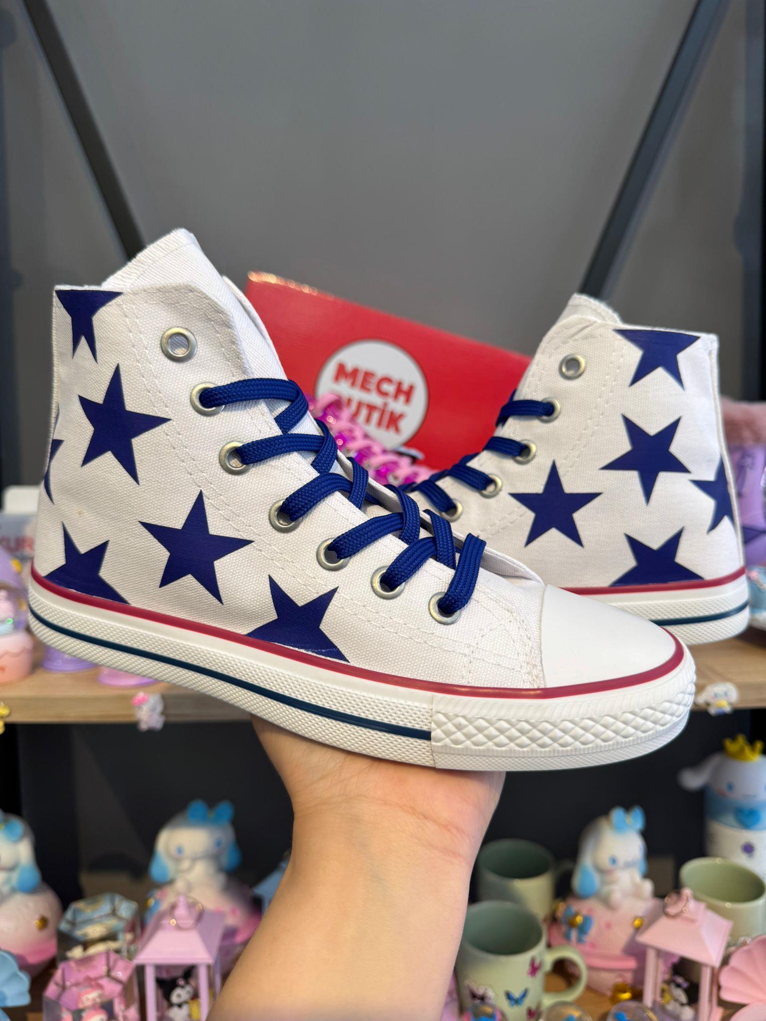 Mavi Yıldız Baskılı Beyaz Bilekli Unisex Kadın-Erkek Spor Ayakkabı Sneaker 