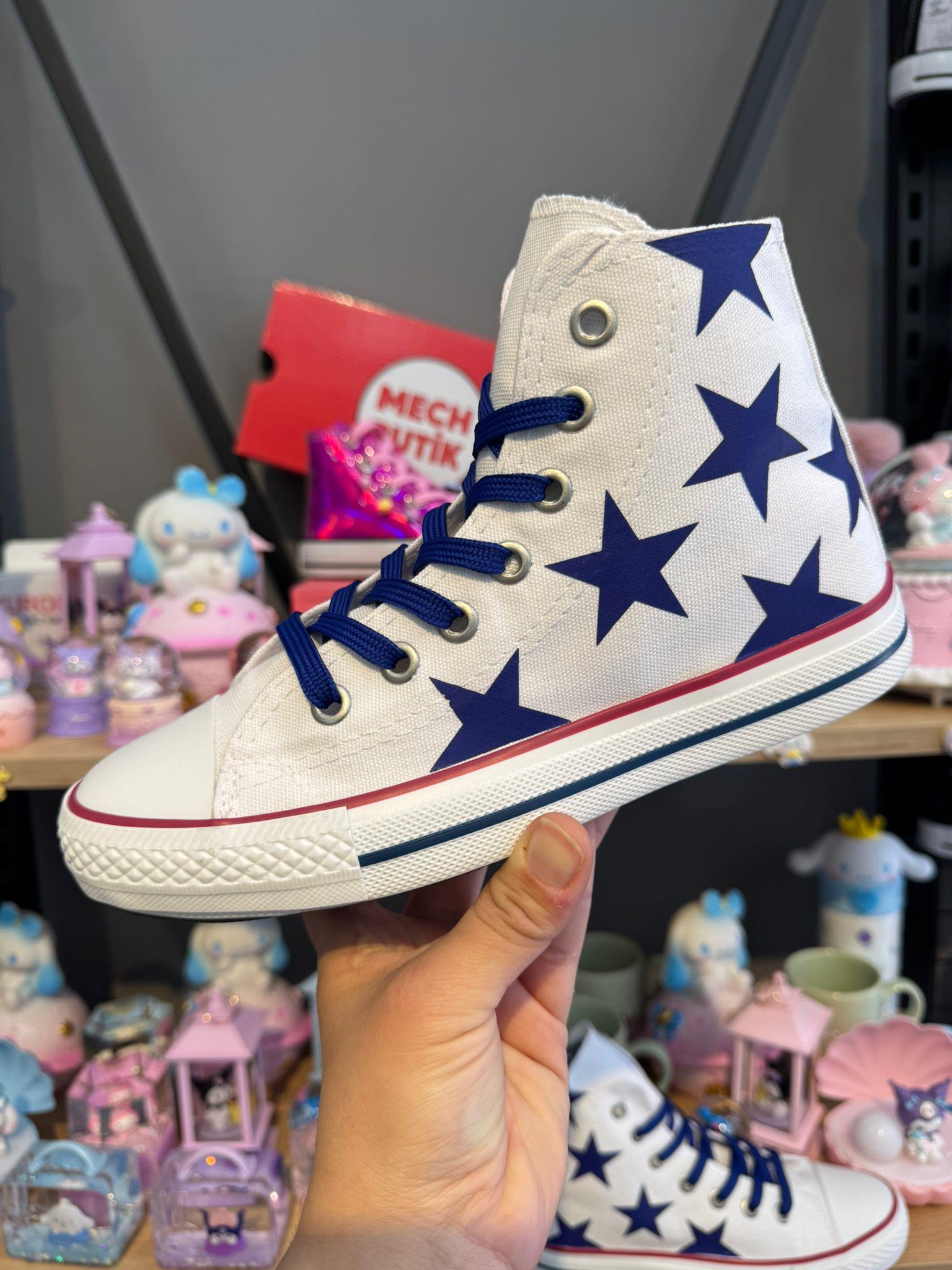 Mavi Yıldız Baskılı Beyaz Bilekli Unisex Kadın-Erkek Spor Ayakkabı Sneaker 