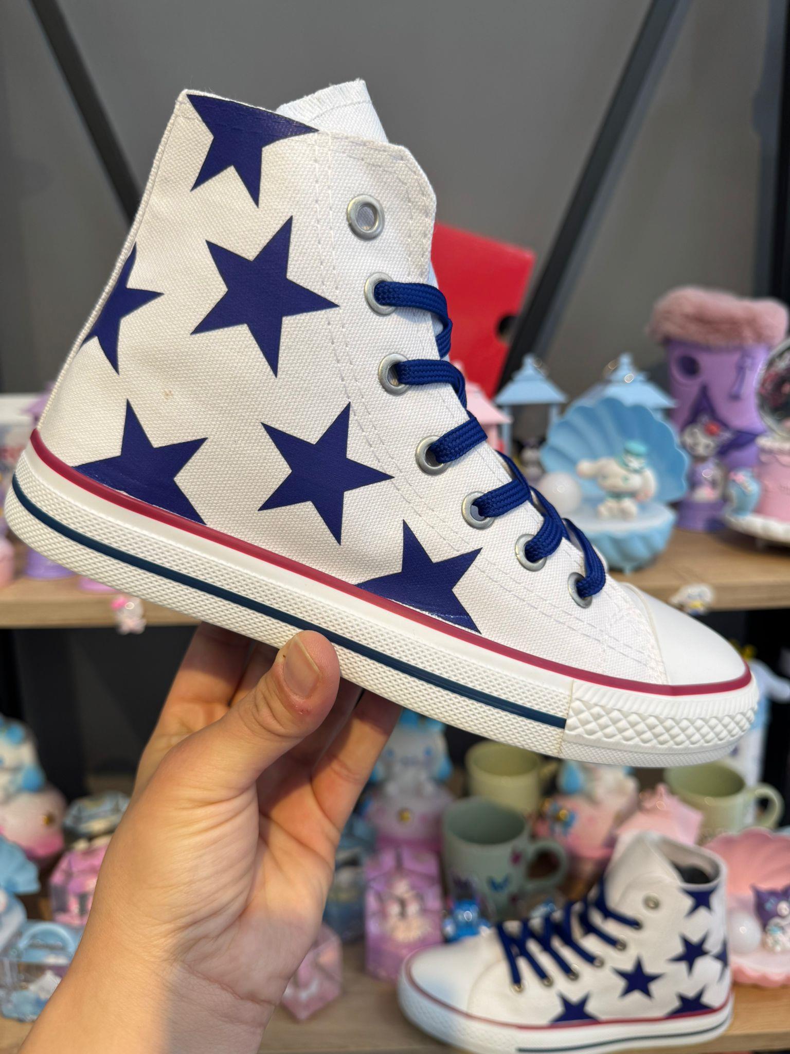 Mavi Yıldız Baskılı Beyaz Bilekli Unisex Kadın-Erkek Spor Ayakkabı Sneaker 