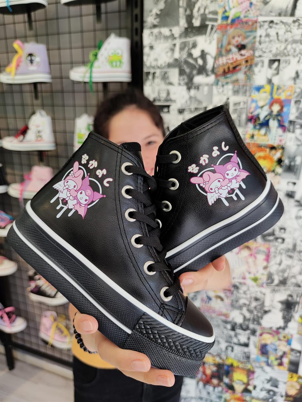 Mymelody&Kuromi Baskılı Deri Yüksek Şeffaf Taban Bilekli Spor Ayakkabı Sneaker