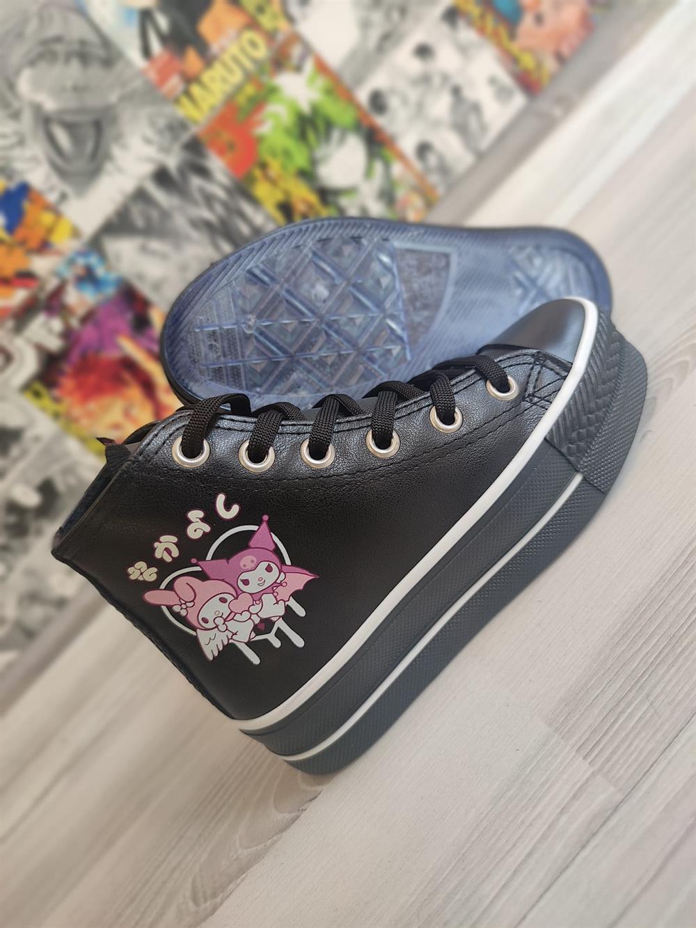 Mymelody&Kuromi Baskılı Deri Yüksek Şeffaf Taban Bilekli Spor Ayakkabı Sneaker