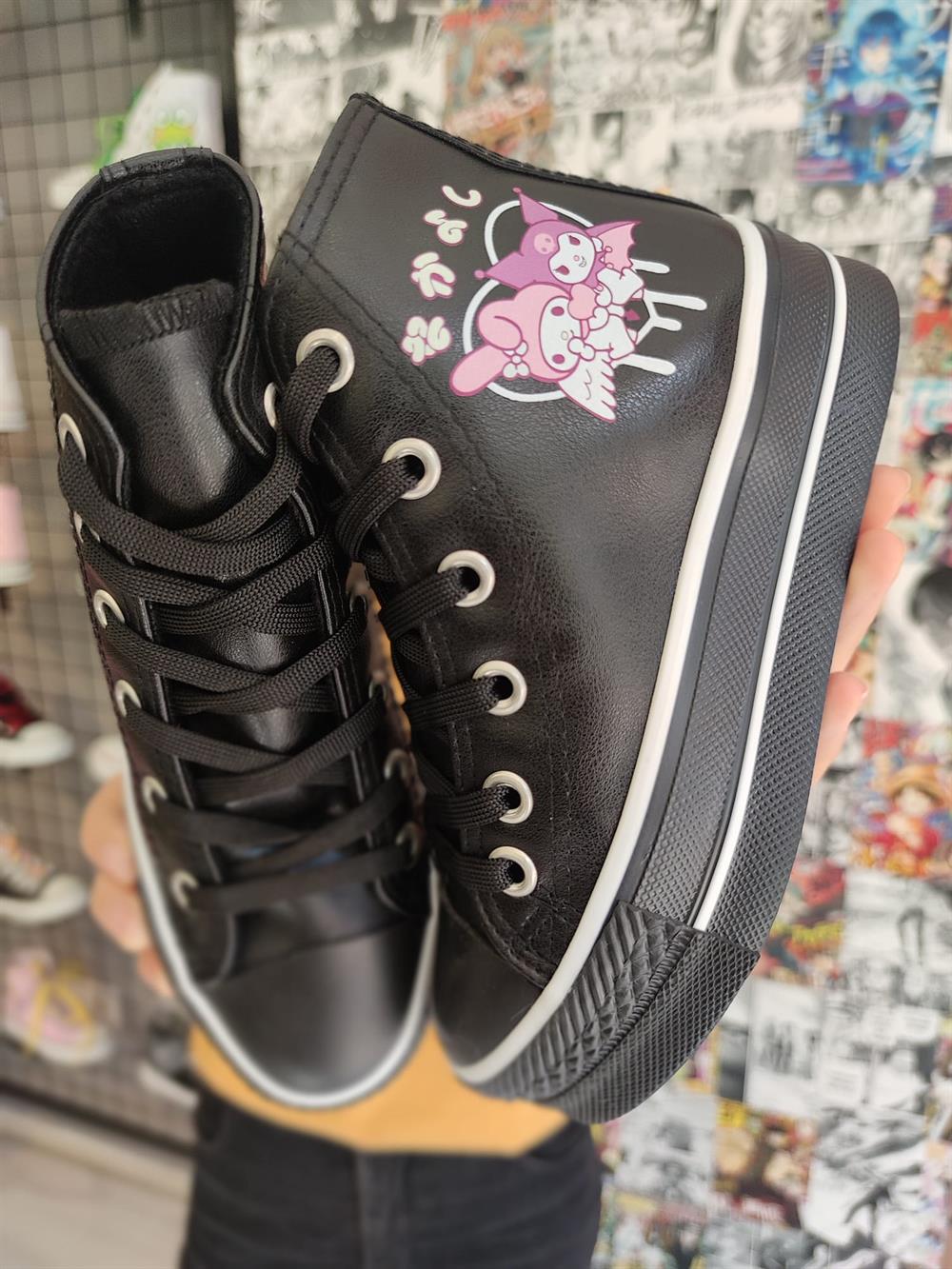 Mymelody&Kuromi Baskılı Deri Yüksek Şeffaf Taban Bilekli Spor Ayakkabı Sneaker