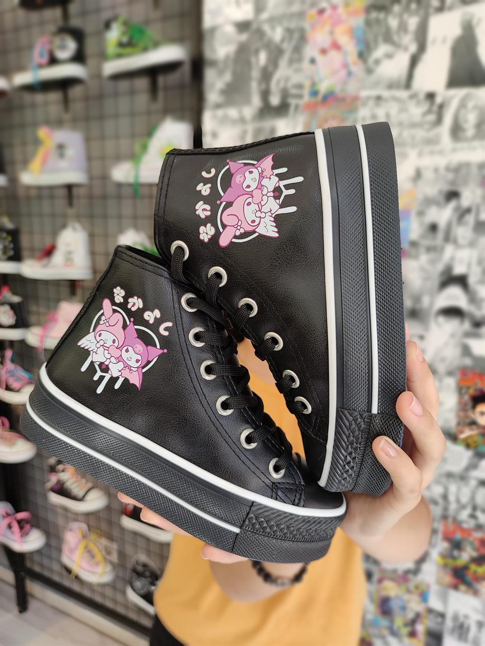 Mymelody&Kuromi Baskılı Deri Yüksek Şeffaf Taban Bilekli Spor Ayakkabı Sneaker