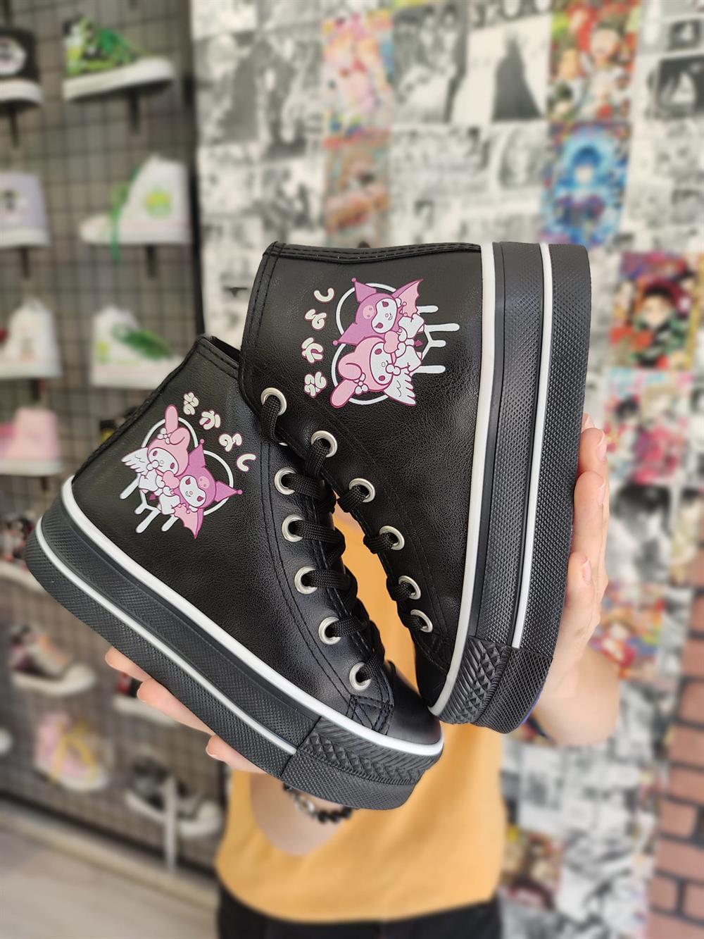 Mymelody&Kuromi Baskılı Deri Yüksek Şeffaf Taban Bilekli Spor Ayakkabı Sneaker