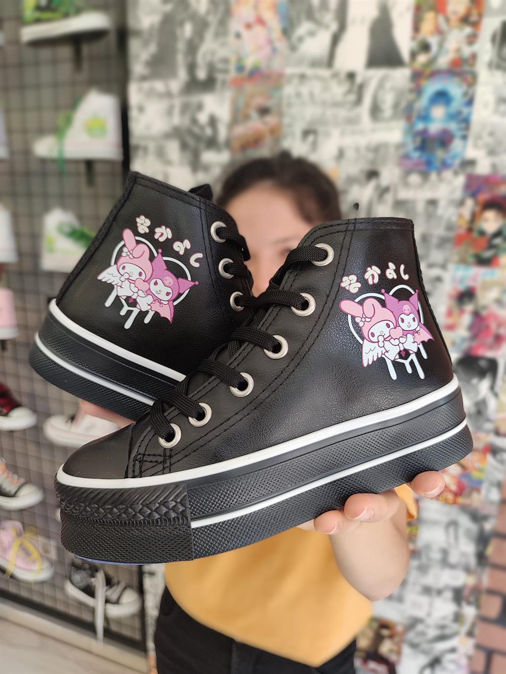 Mymelody&Kuromi Baskılı Deri Yüksek Şeffaf Taban Bilekli Spor Ayakkabı Sneaker