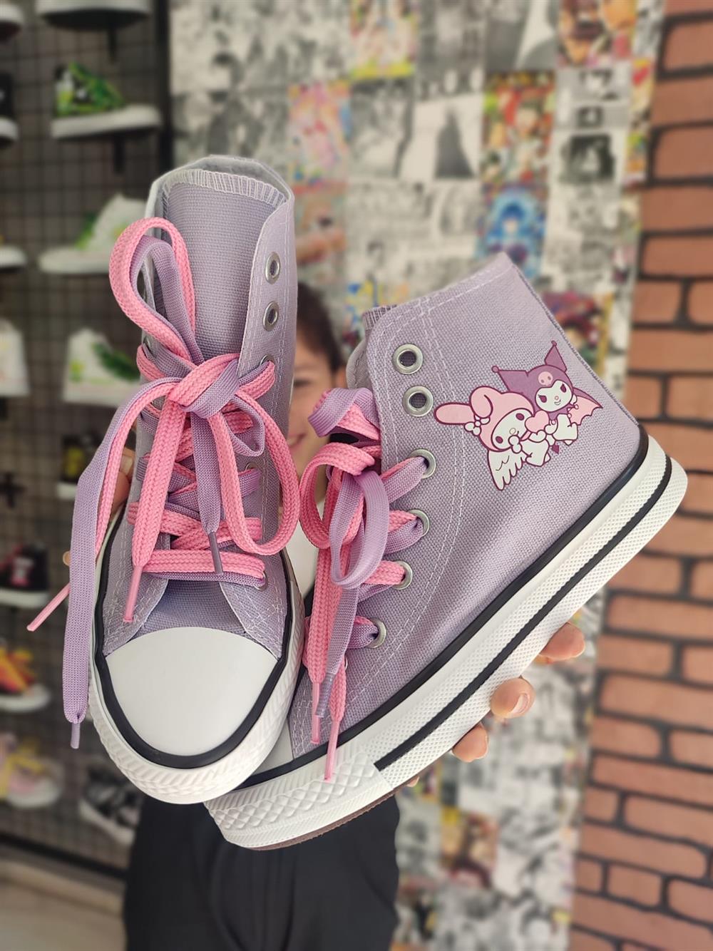 Mymelody&Kuromi Baskılı Lila Bilekli Spor Ayakkabı Sneaker(3 çift bağcıklı)