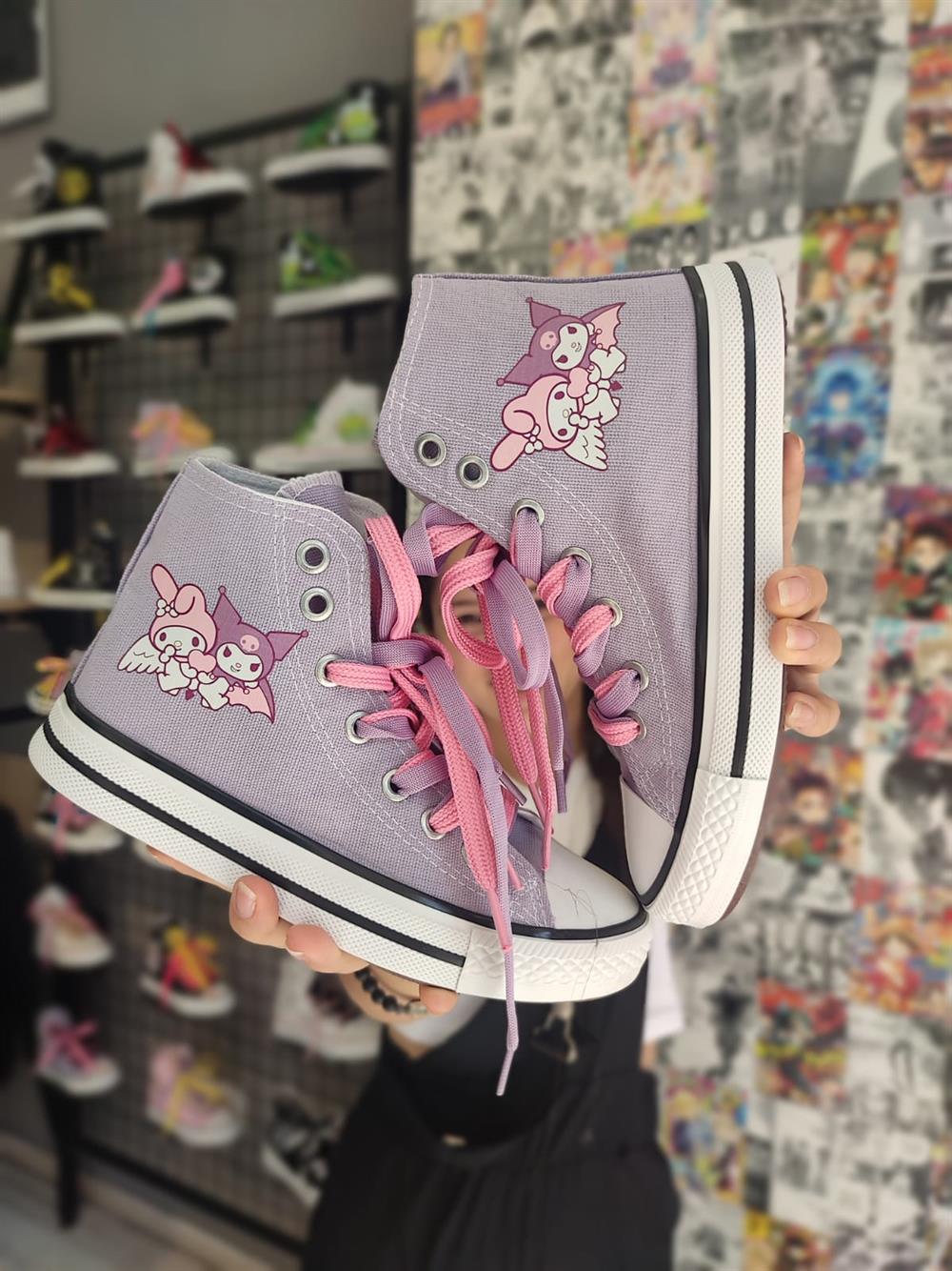 Mymelody&Kuromi Baskılı Lila Bilekli Spor Ayakkabı Sneaker(3 çift bağcıklı)