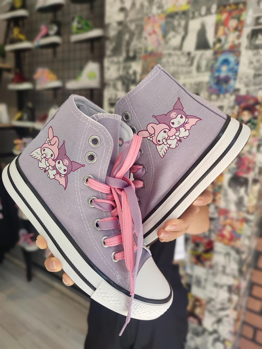Mymelody&Kuromi Baskılı Lila Bilekli Spor Ayakkabı Sneaker(3 çift bağcıklı)