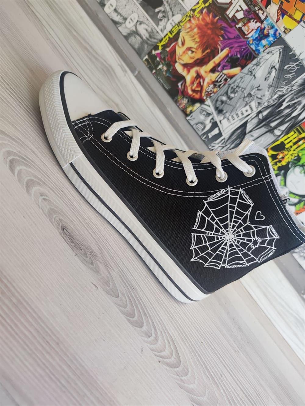 Örümcek Ağı Baskılı Siyah Renk Bilekli Spor Ayakkabı Sneaker