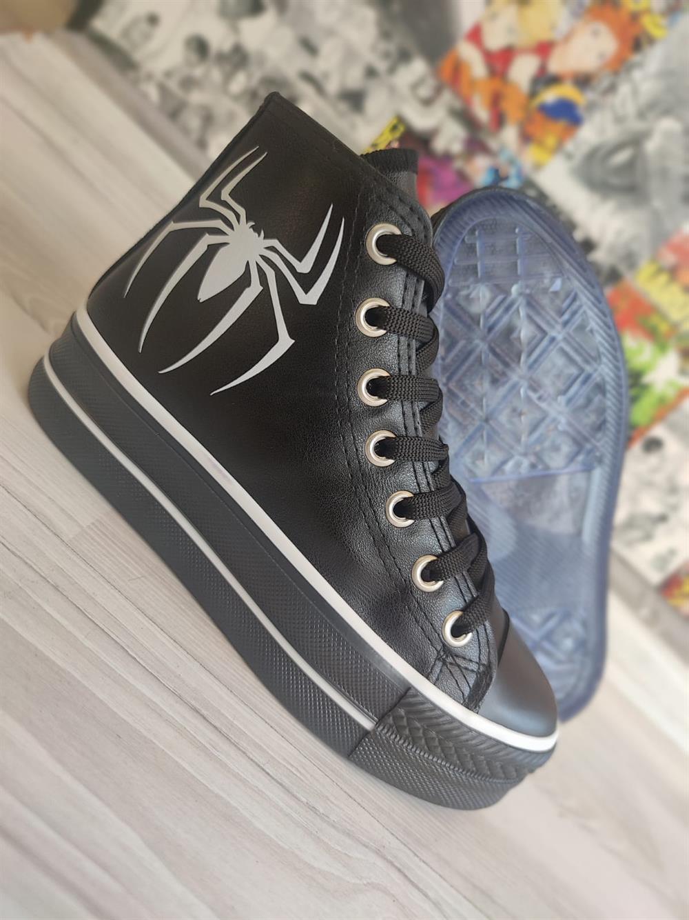Örümcek Baskılı Deri Yüksek Şeffaf Taban Bilekli Spor Ayakkabı Sneaker