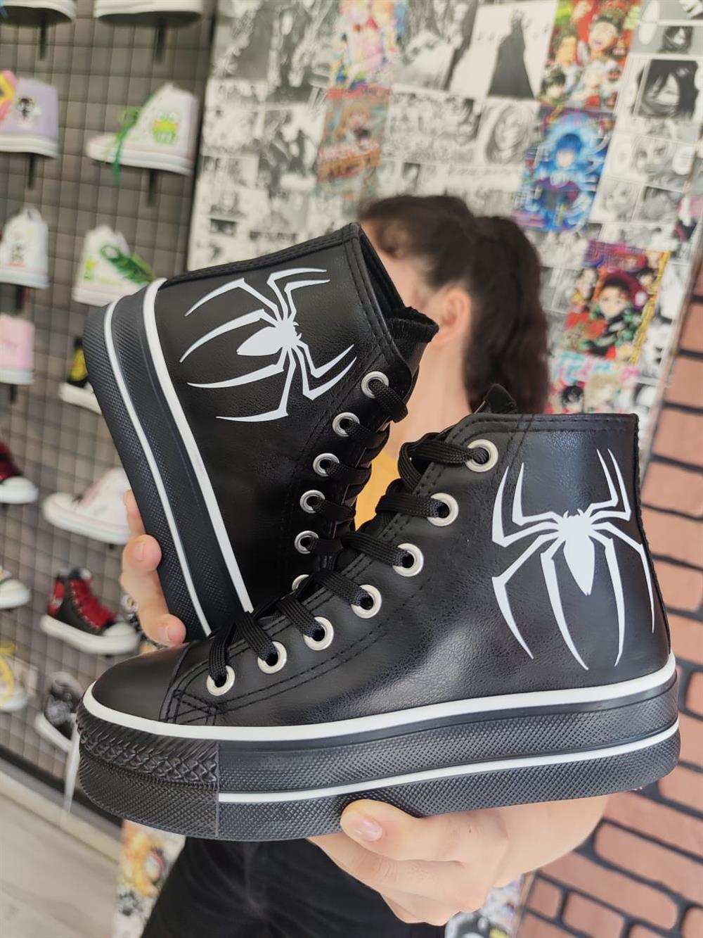 Örümcek Baskılı Deri Yüksek Şeffaf Taban Bilekli Spor Ayakkabı Sneaker