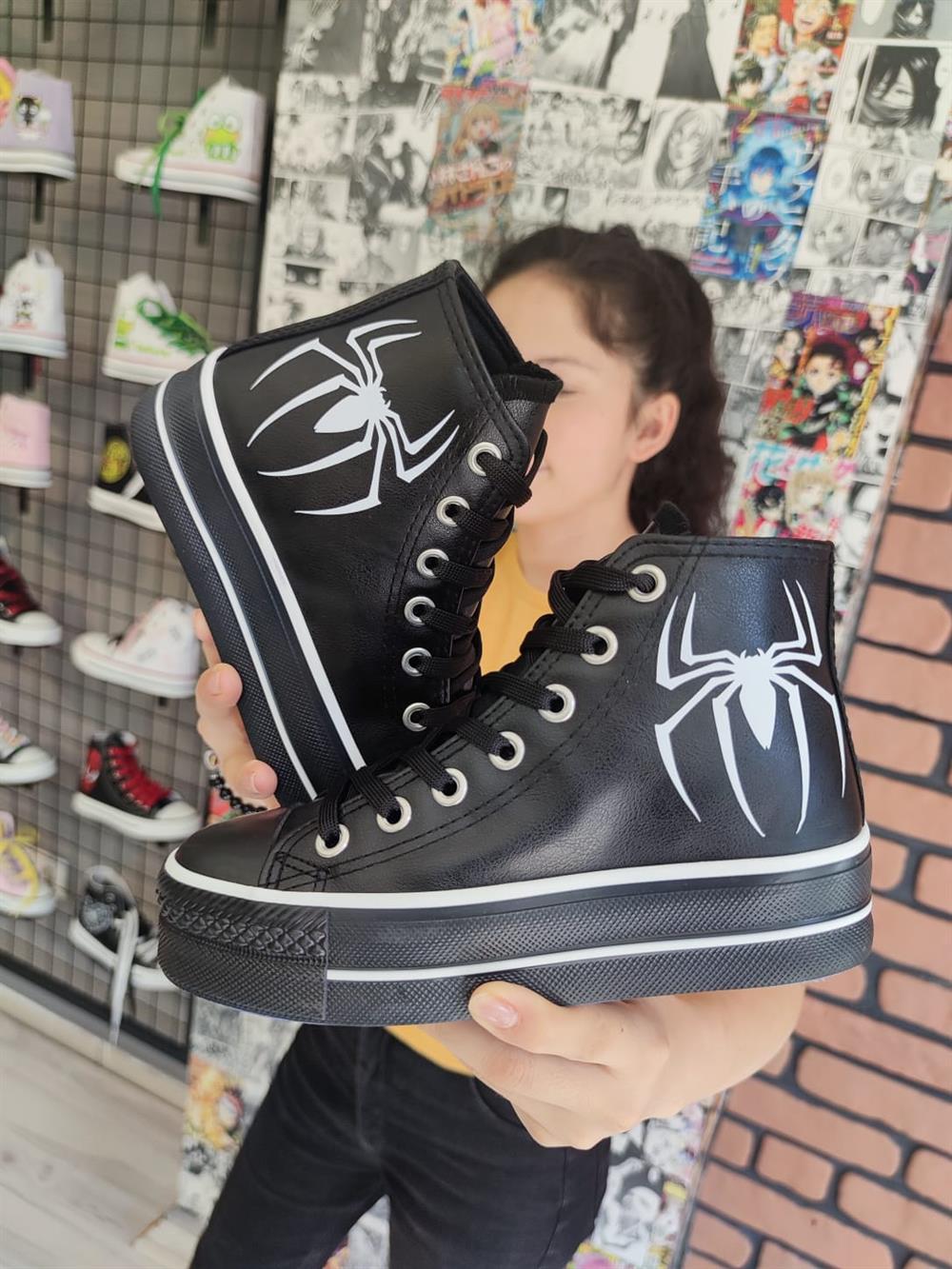 Örümcek Baskılı Deri Yüksek Şeffaf Taban Bilekli Spor Ayakkabı Sneaker