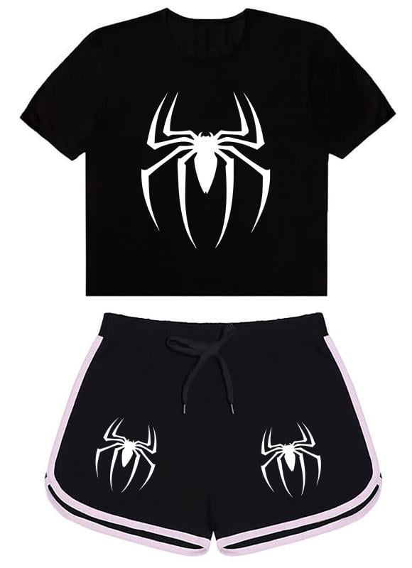 Örümcek Baskılı Siyah Şort/Tişört Takım