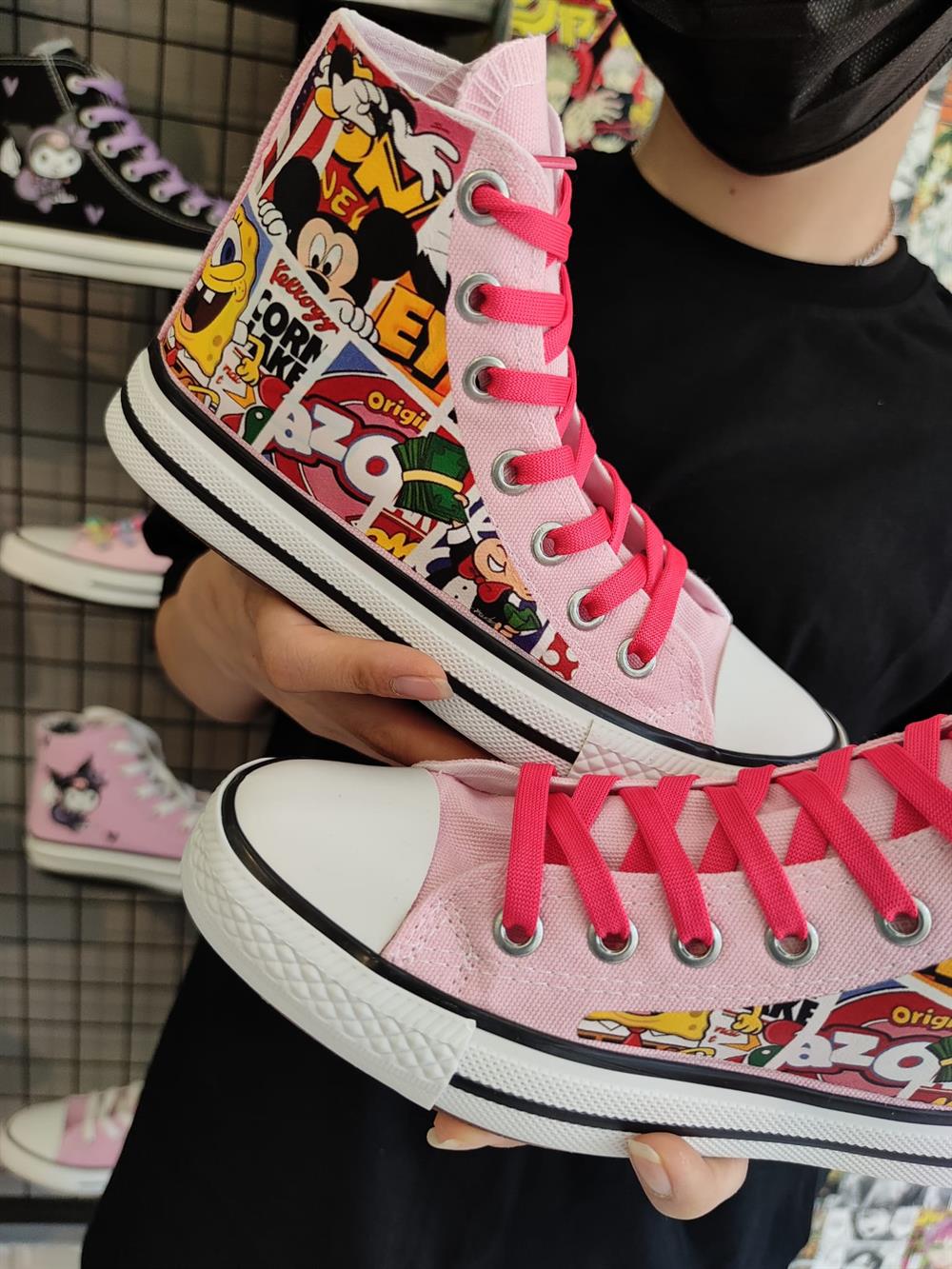 Pembe Çeşitli Karakter Baskılı Bilekli Spor Ayakkabı Sneaker