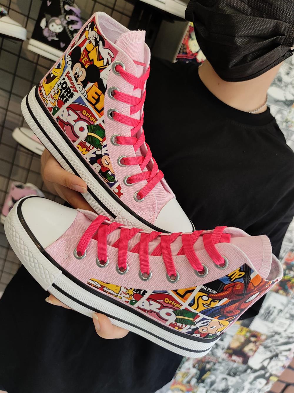 Pembe Çeşitli Karakter Baskılı Bilekli Spor Ayakkabı Sneaker