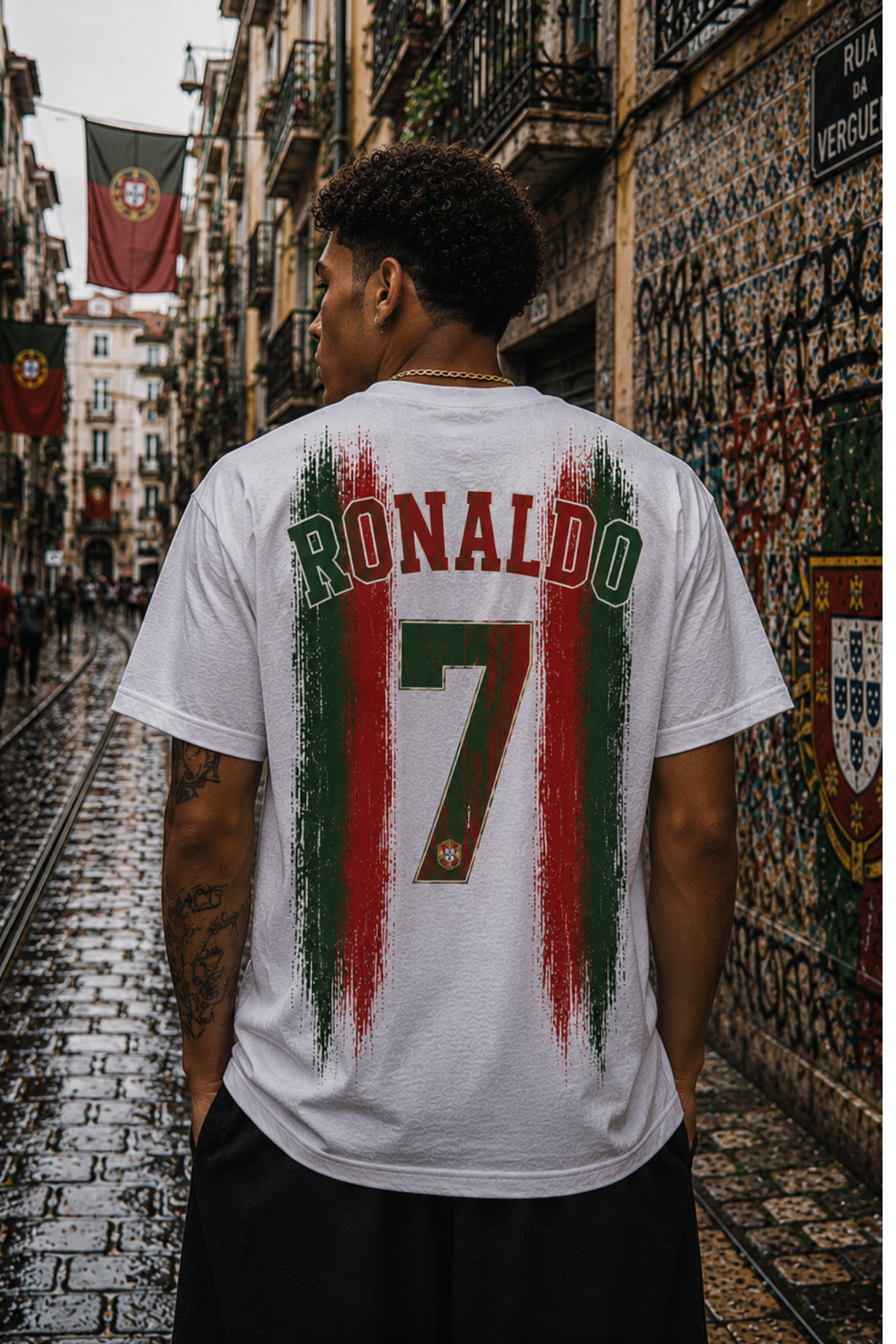 Portekiz Ronaldo Baskılı Sokak Modası Beyaz Tişört  Tshirt