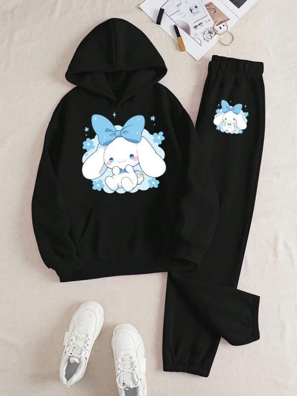 Sevimli Tavşan Baskılı Kapüşonlu Üst Eşofman Takım 