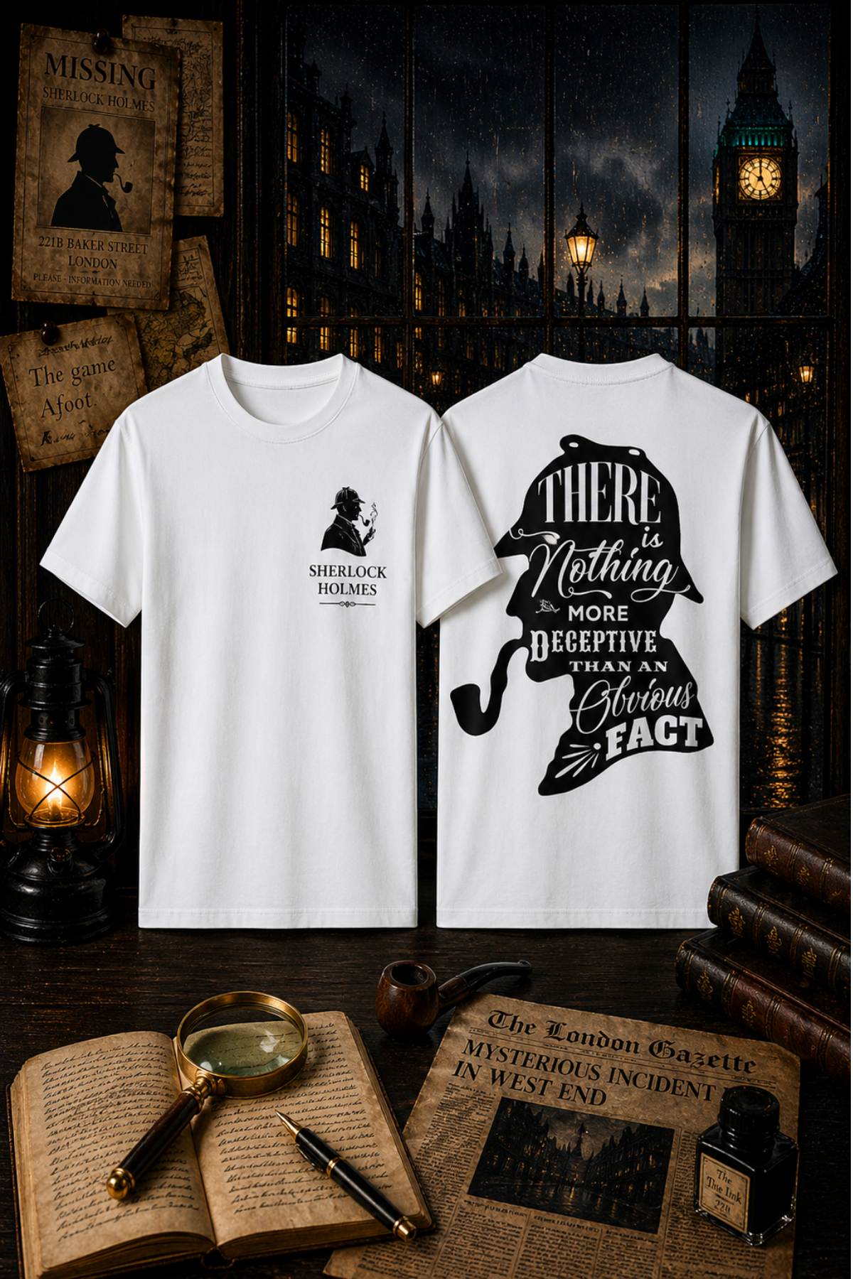 Sherlock Holmes 2 Ön Arka Baskılı Beyaz Unisex Tişört Tshirt 