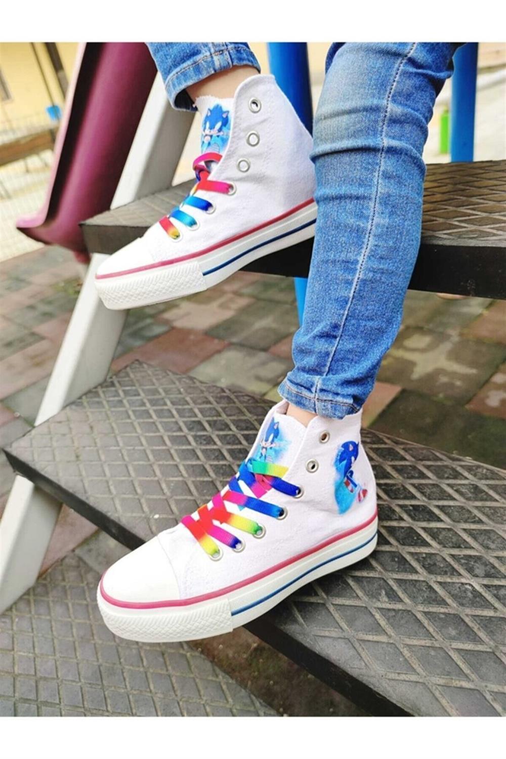Sonic Baskılı Keten Spor Ayakkabı Beyaz Sneakers