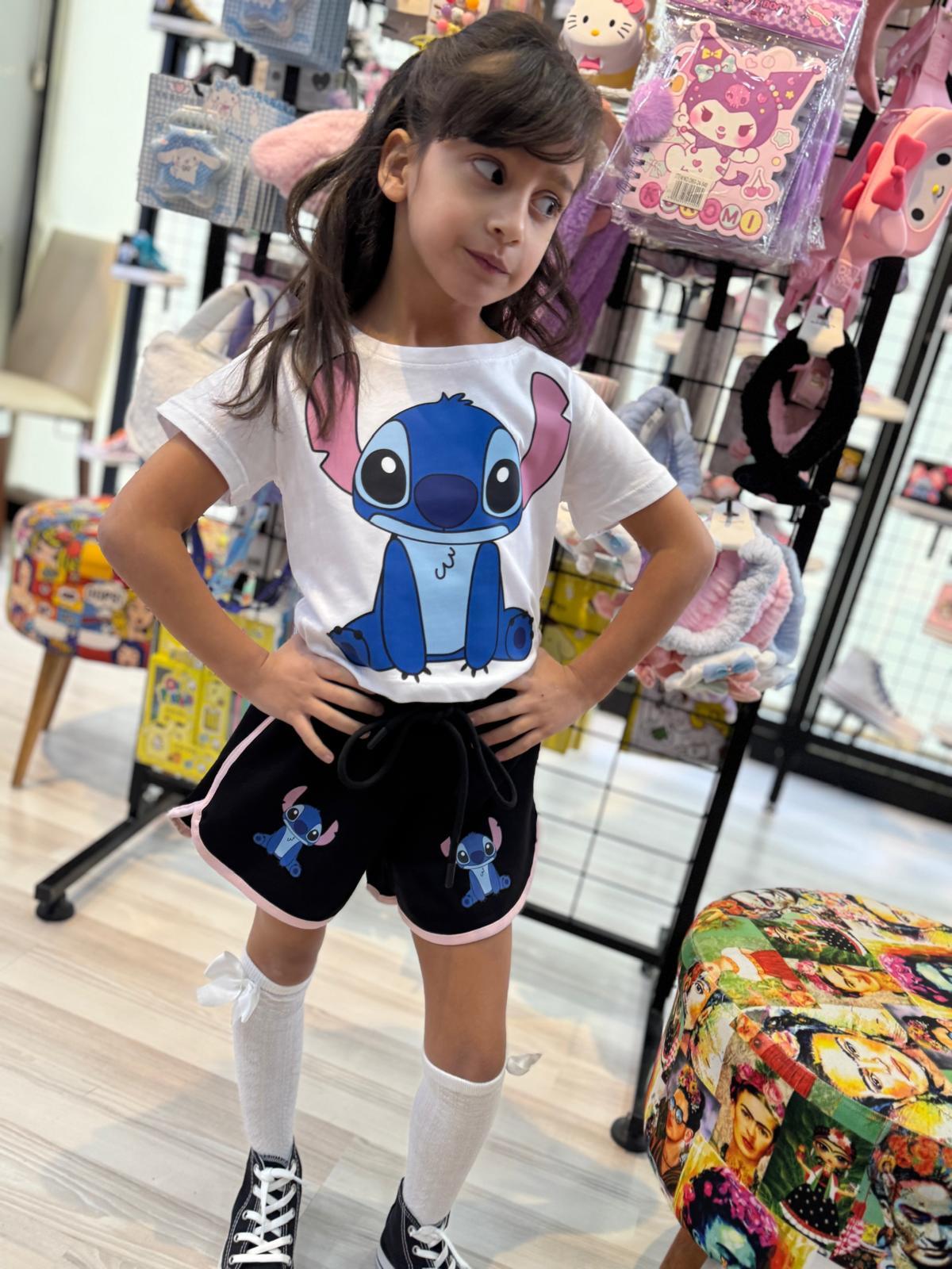 Stich Mavi Baskılı Siyah Şort/Tişört Takım