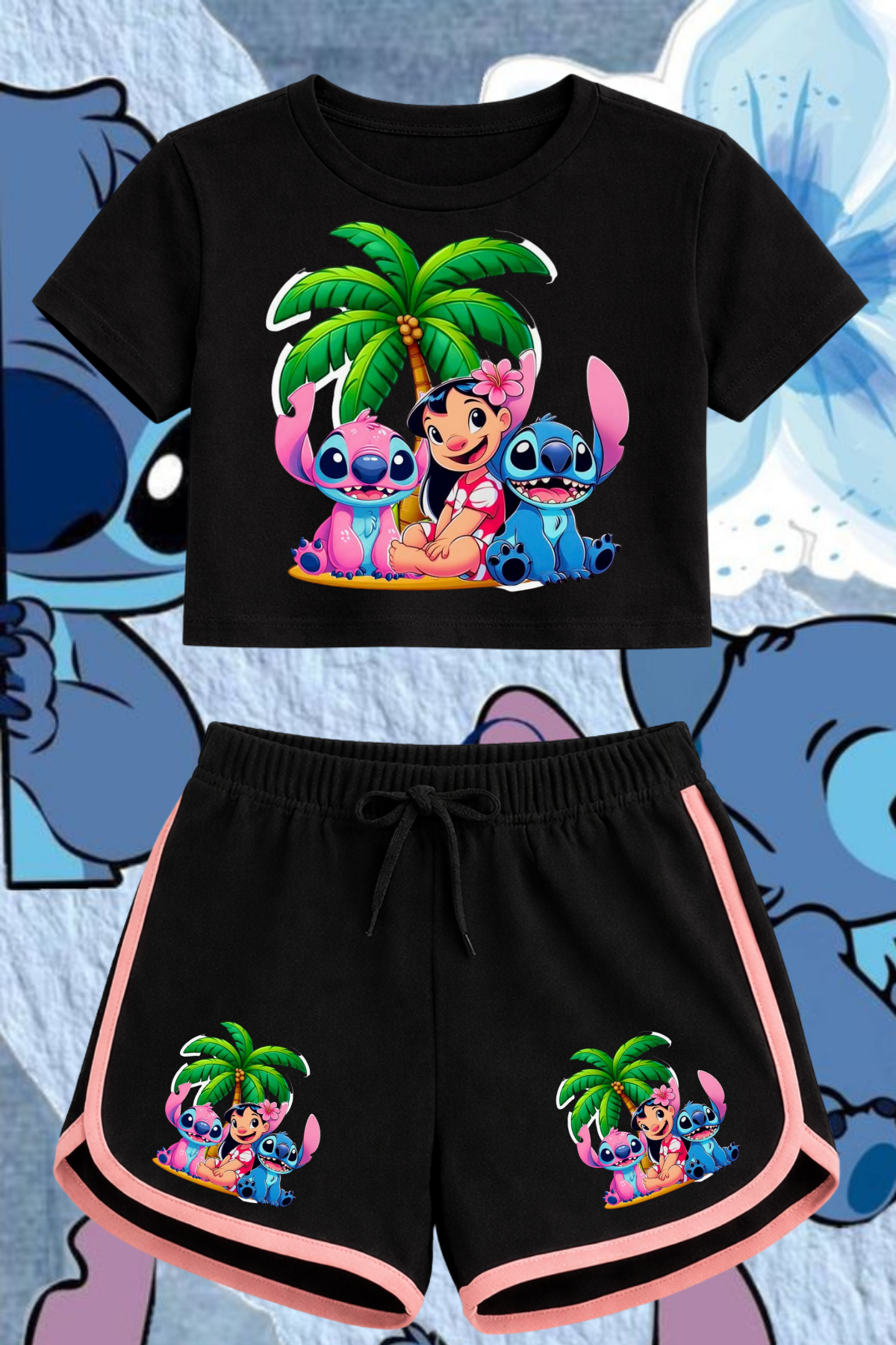 Stitch 8 Baskılı Siyah Crop Siyah Şort Takım