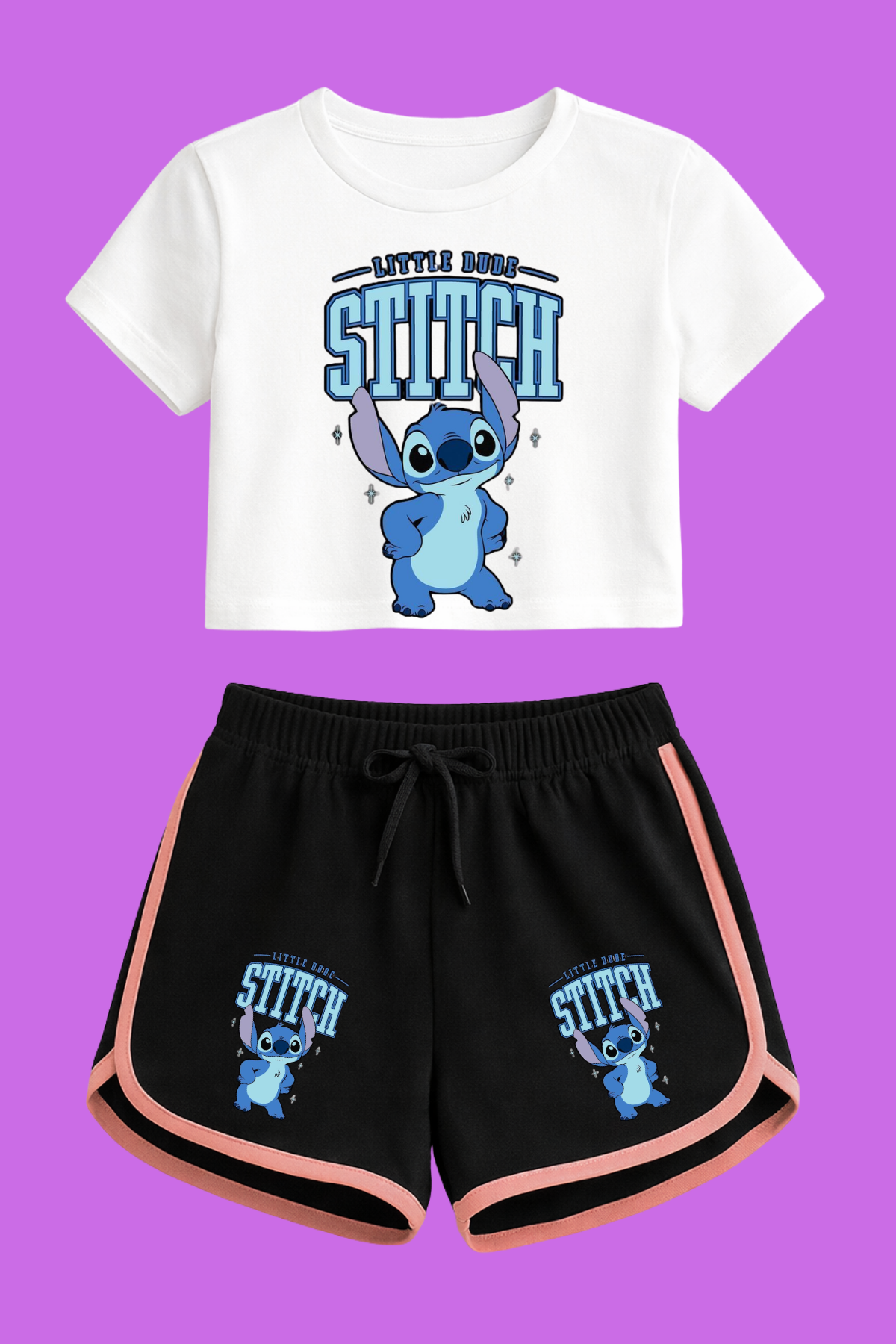 Stitch 9 Baskılı Beyaz Crop Siyah Şort Takım