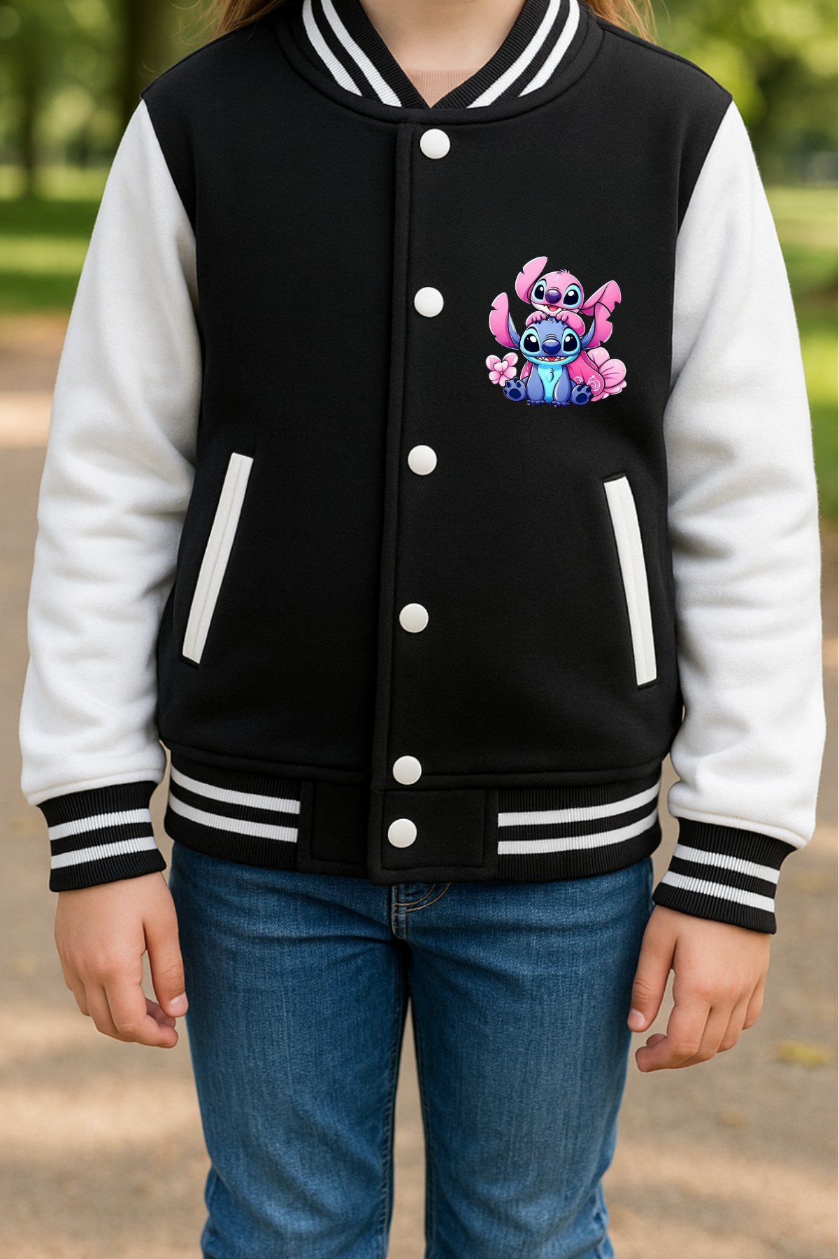 Stitch Baskılı Siyah Kolej Ceket  