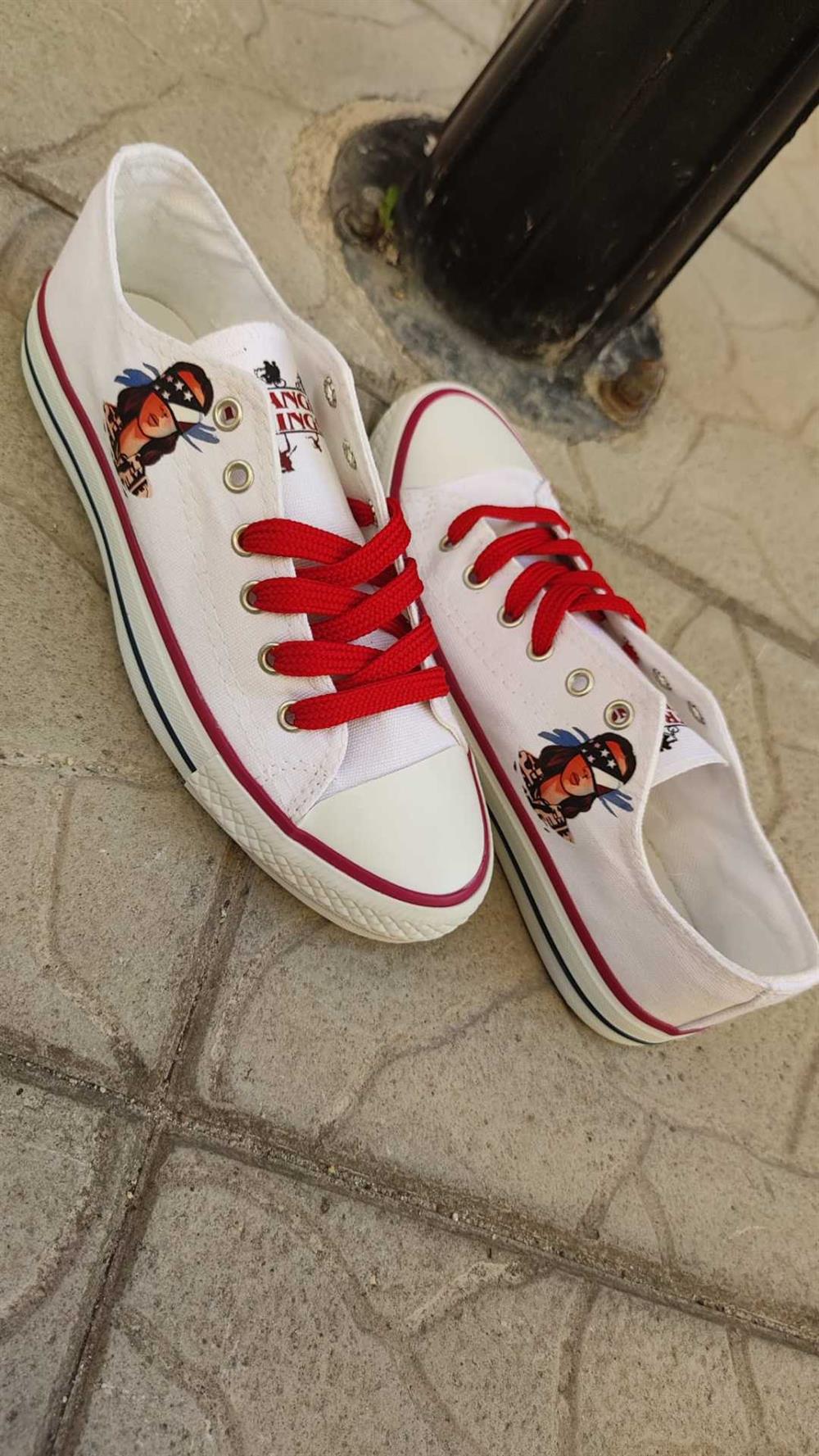 Stranger Things Eleven Basklı Unisex Kadın-Erkek Bağcıklı Beyaz Spor Ayakkabı Sneaker
