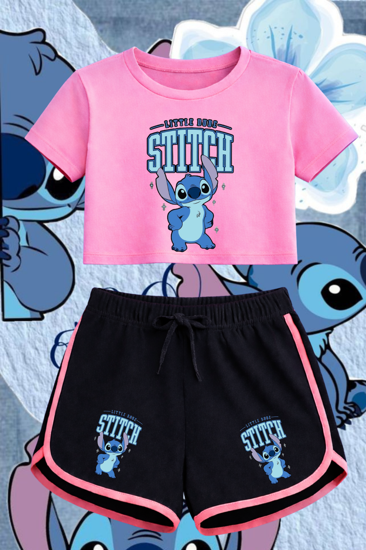Sttich 1 Baskılı Pembe Crop Siyah Şort Takım