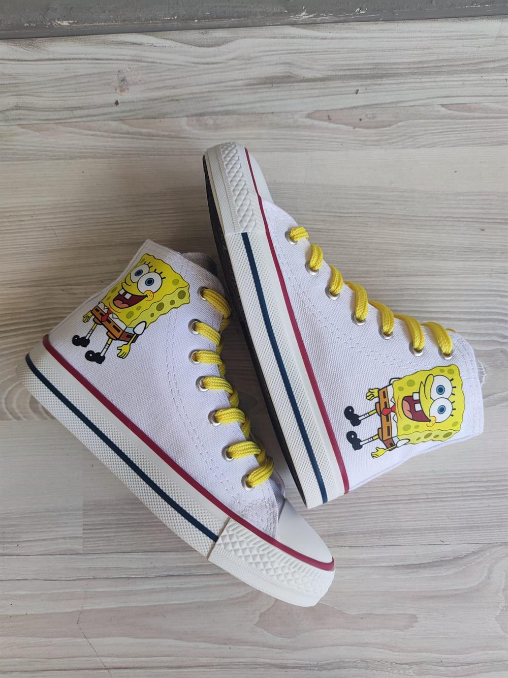 SüngerBob Baskılı Beyaz Bilekli Spor Ayakkabı Sneaker 