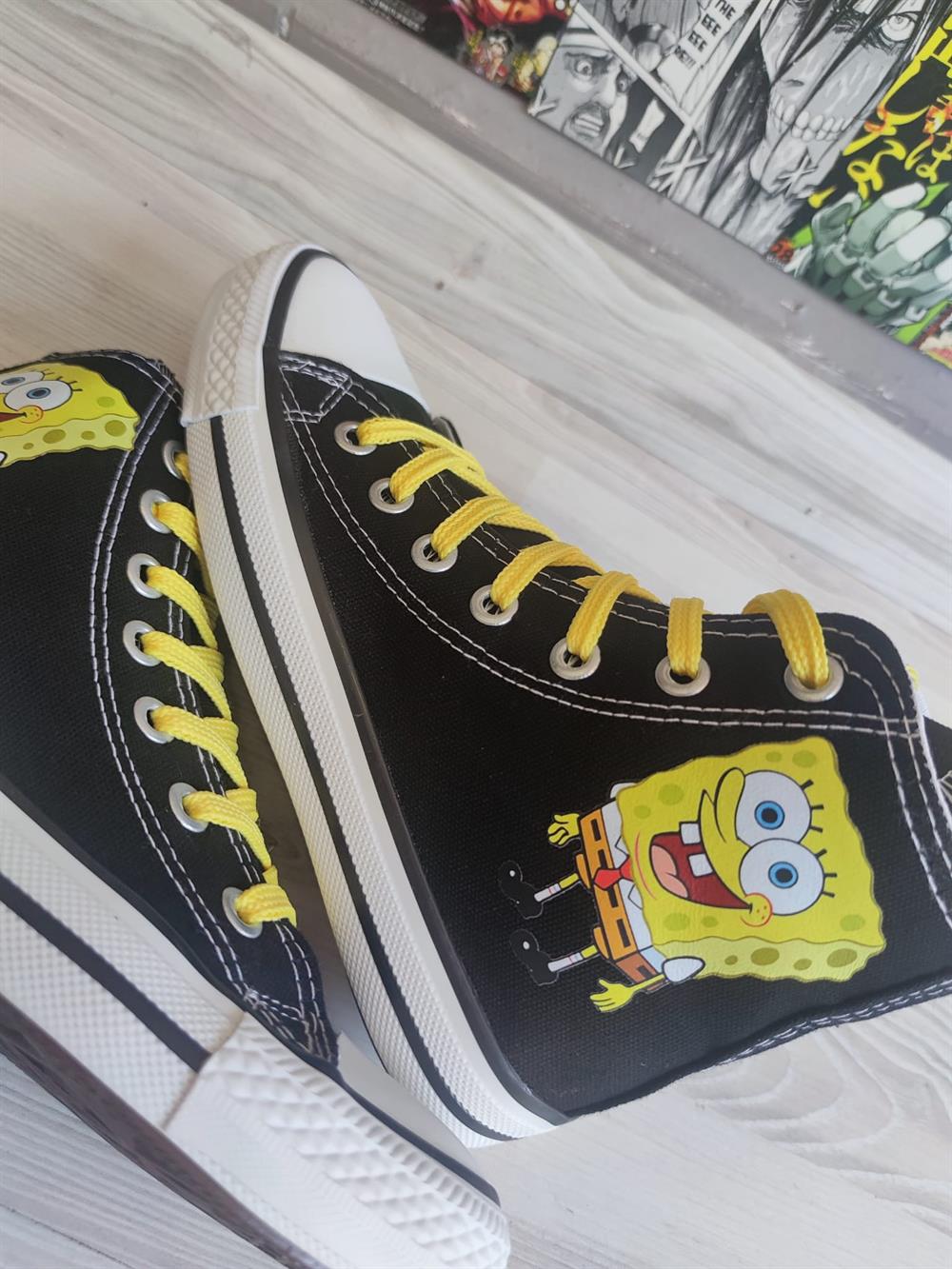 SüngerBob Baskılı Siyah Bilekli Spor Ayakkabı Sneaker 