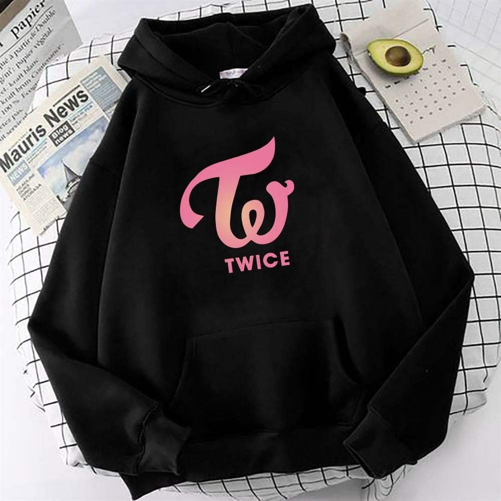 Twice Logo Baskılı Siyah Oversize Sweatshirt Kapüşonlu Hoodie