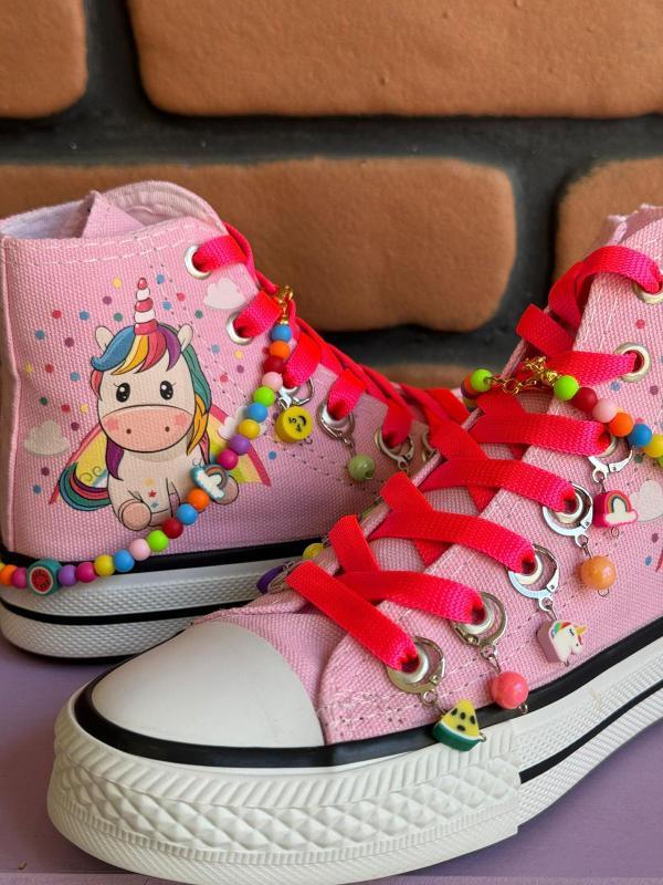 Unicorn Büyük Baskılı Pembe Renk Bilekli Boncuk Ve Halhal Süslemeli Spor Ayakkabı Sneaker