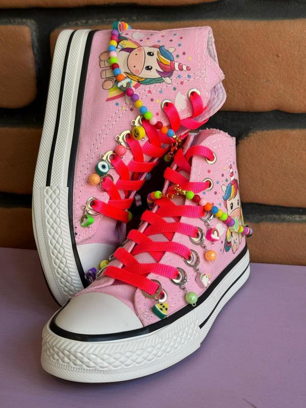 Unicorn Büyük Baskılı Pembe Renk Bilekli Boncuk Ve Halhal Süslemeli Spor Ayakkabı Sneaker
