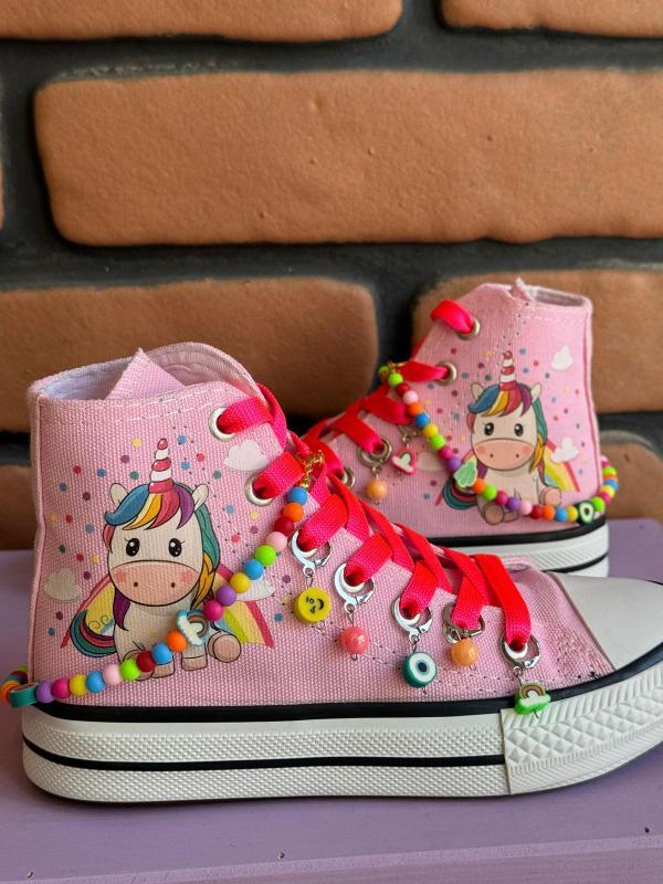 Unicorn Büyük Baskılı Pembe Renk Bilekli Boncuk Ve Halhal Süslemeli Spor Ayakkabı Sneaker