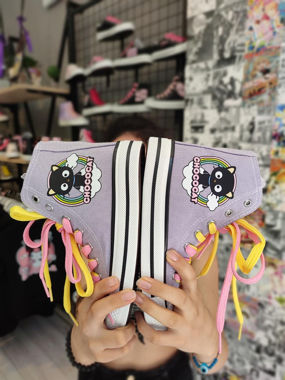 Unisex Günlük Keten Bilekli Uzun Hellokitty Chococat Baskılı Beyaz Sneaker Spor Ayakkabı