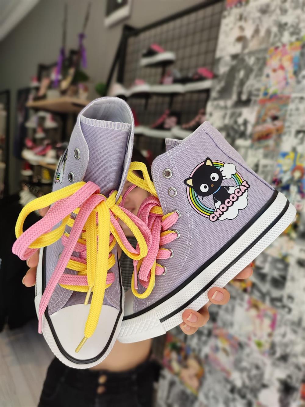 Unisex Günlük Keten Bilekli Uzun Hellokitty Chococat Baskılı Beyaz Sneaker Spor Ayakkabı