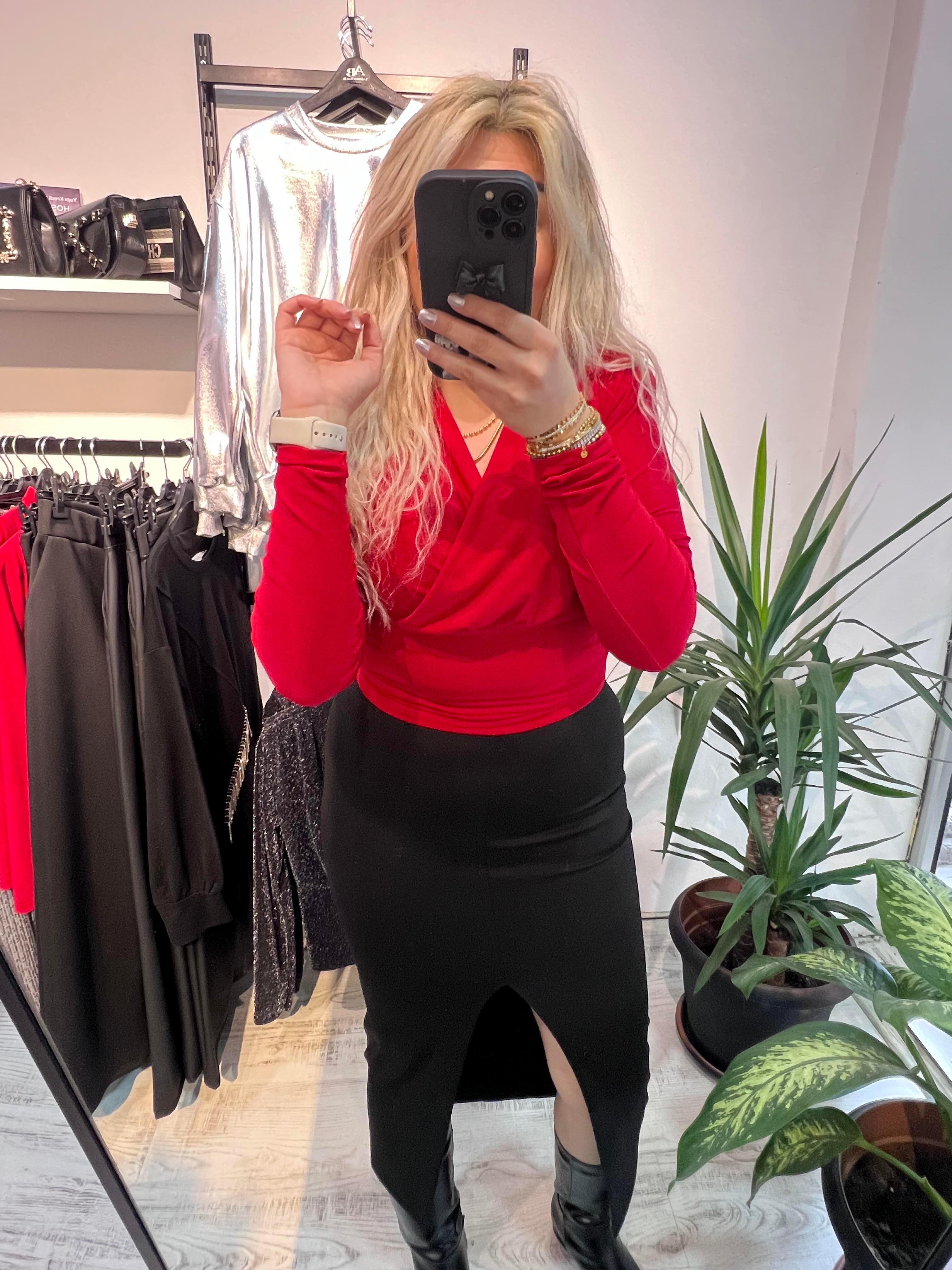  Vatkalı Likralı Bluz Kırmızı