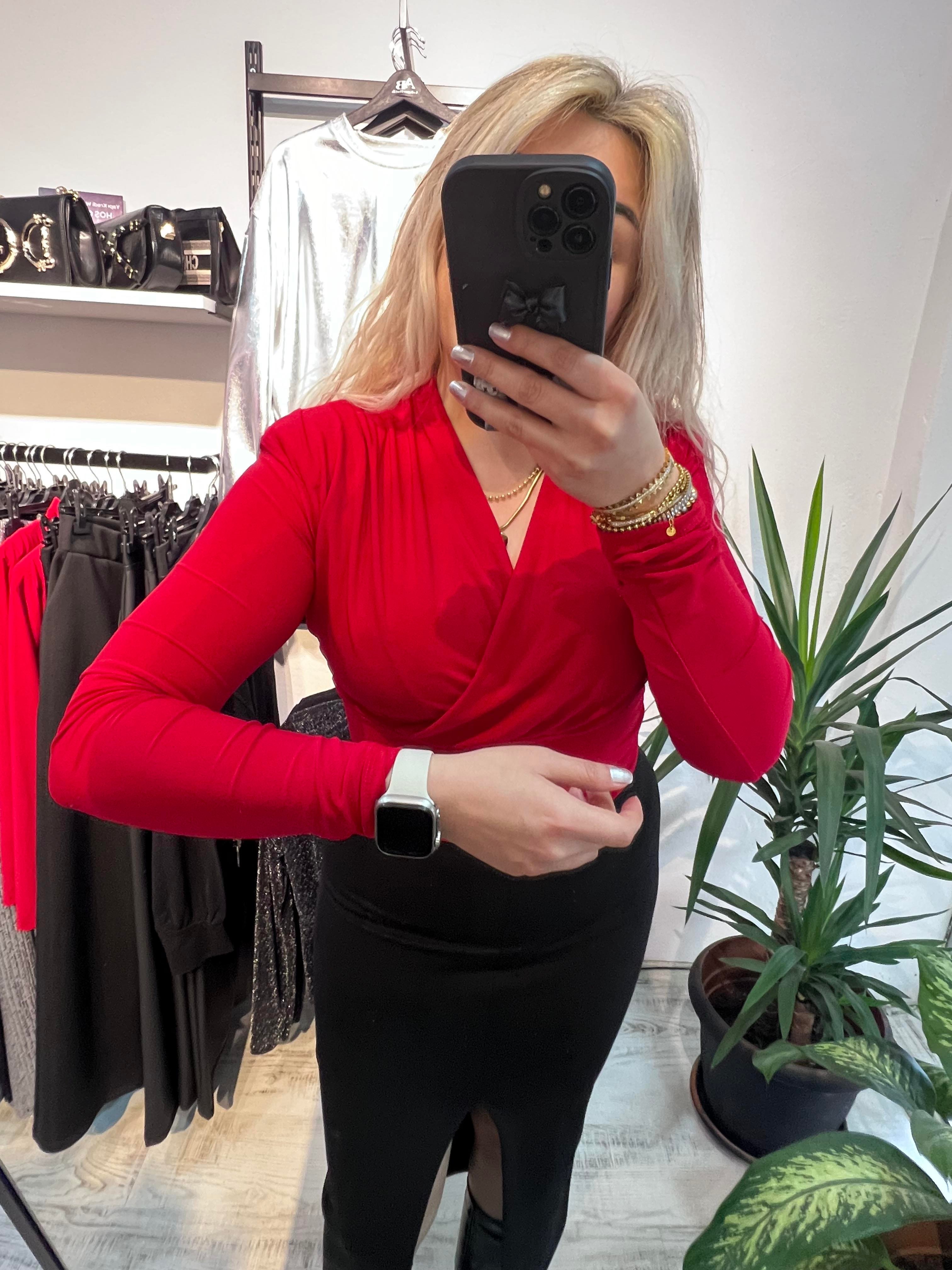  Vatkalı Likralı Bluz Kırmızı