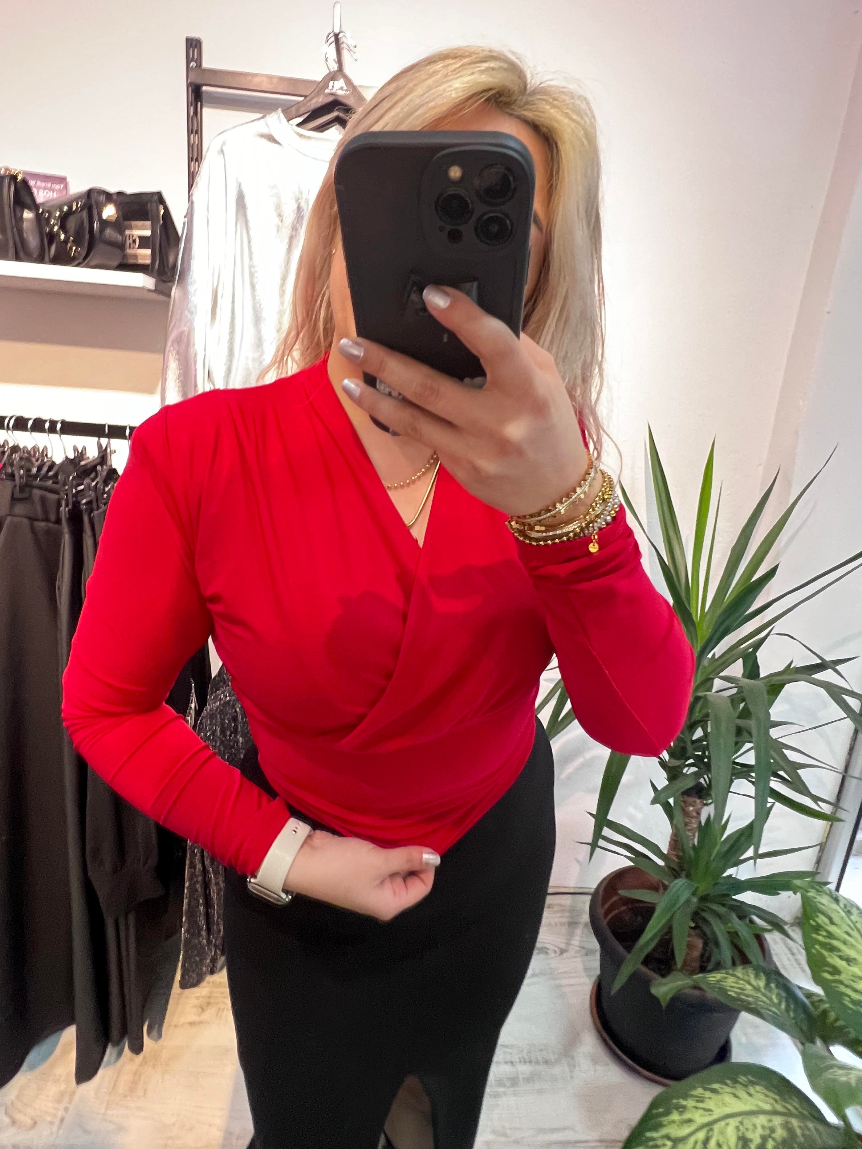  Vatkalı Likralı Bluz Kırmızı