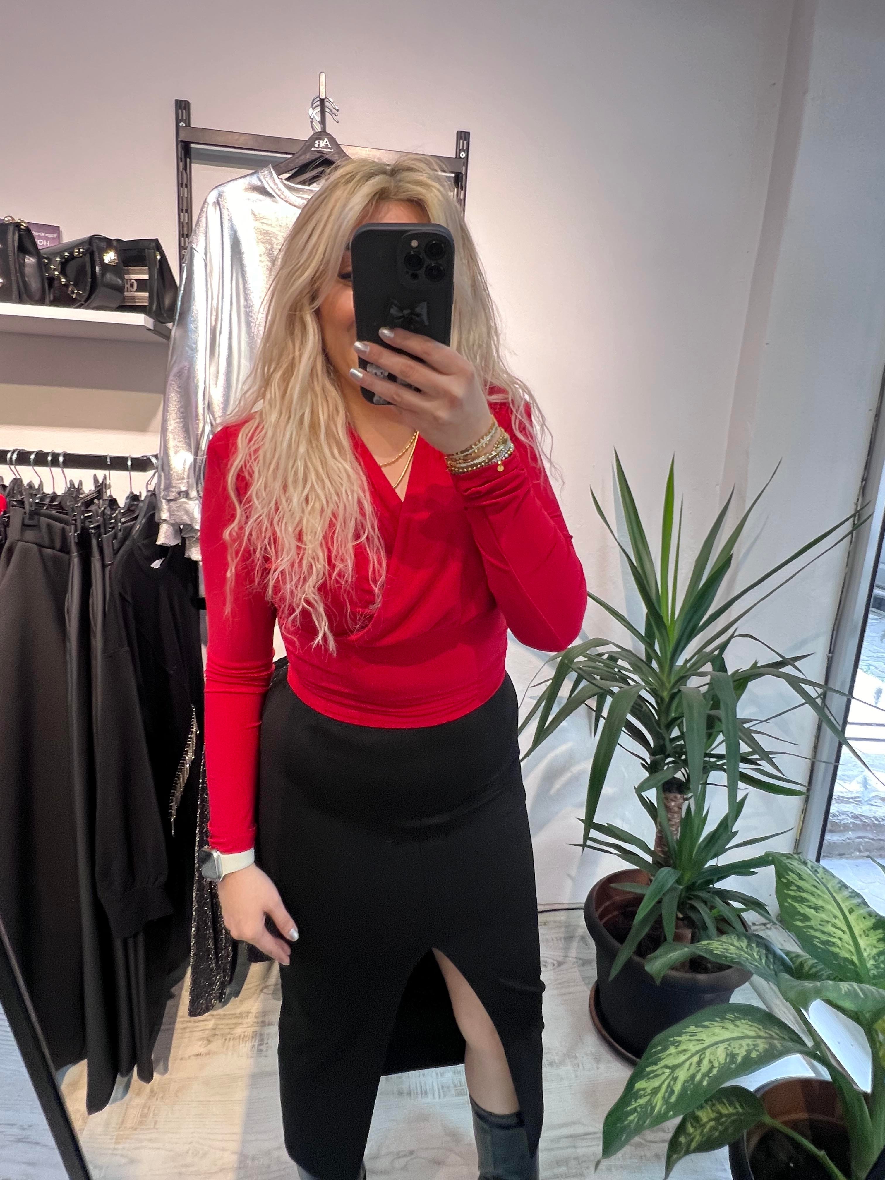  Vatkalı Likralı Bluz Kırmızı