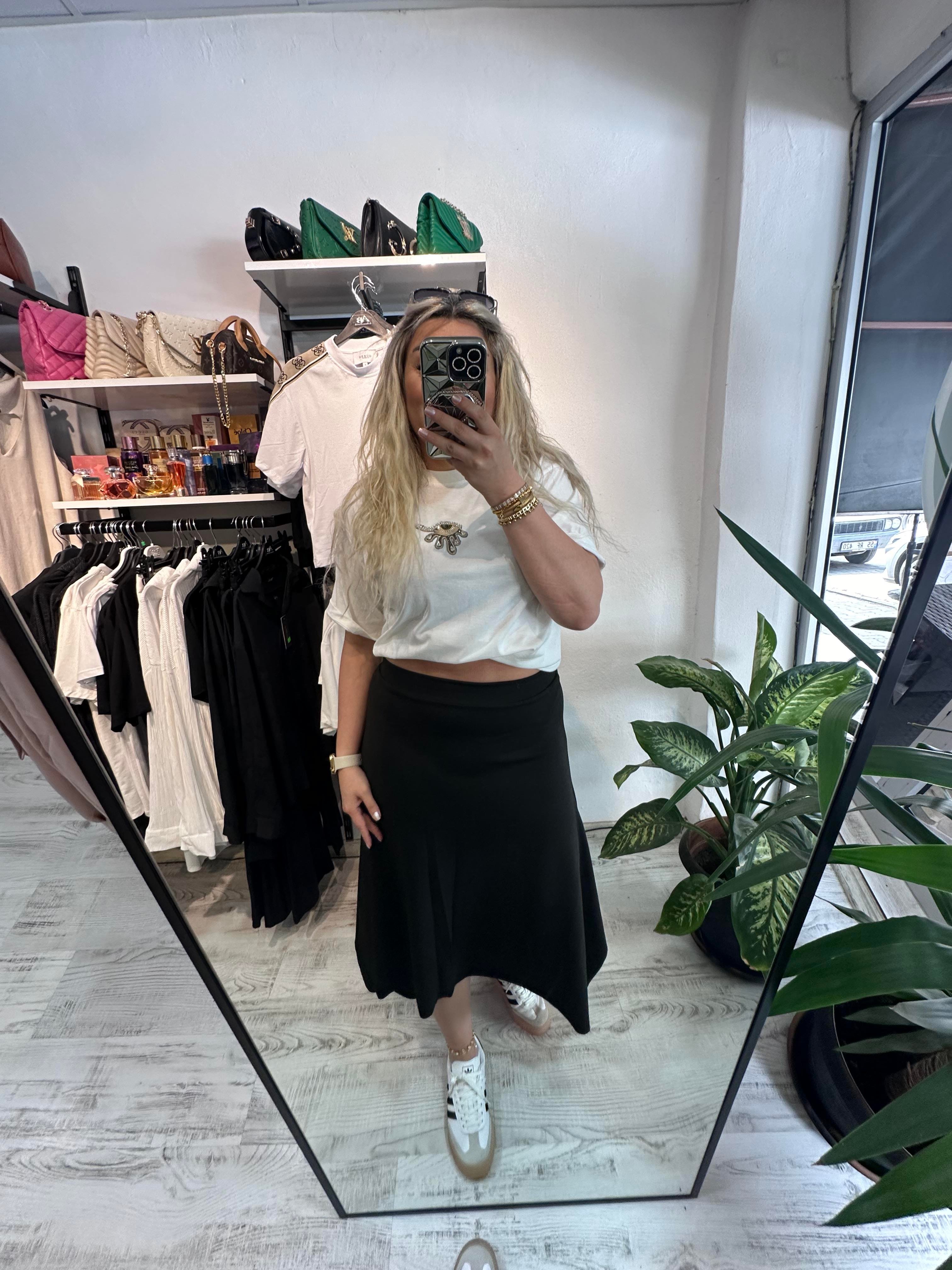 Asimetrik Kesim Beli Lastikli Etek