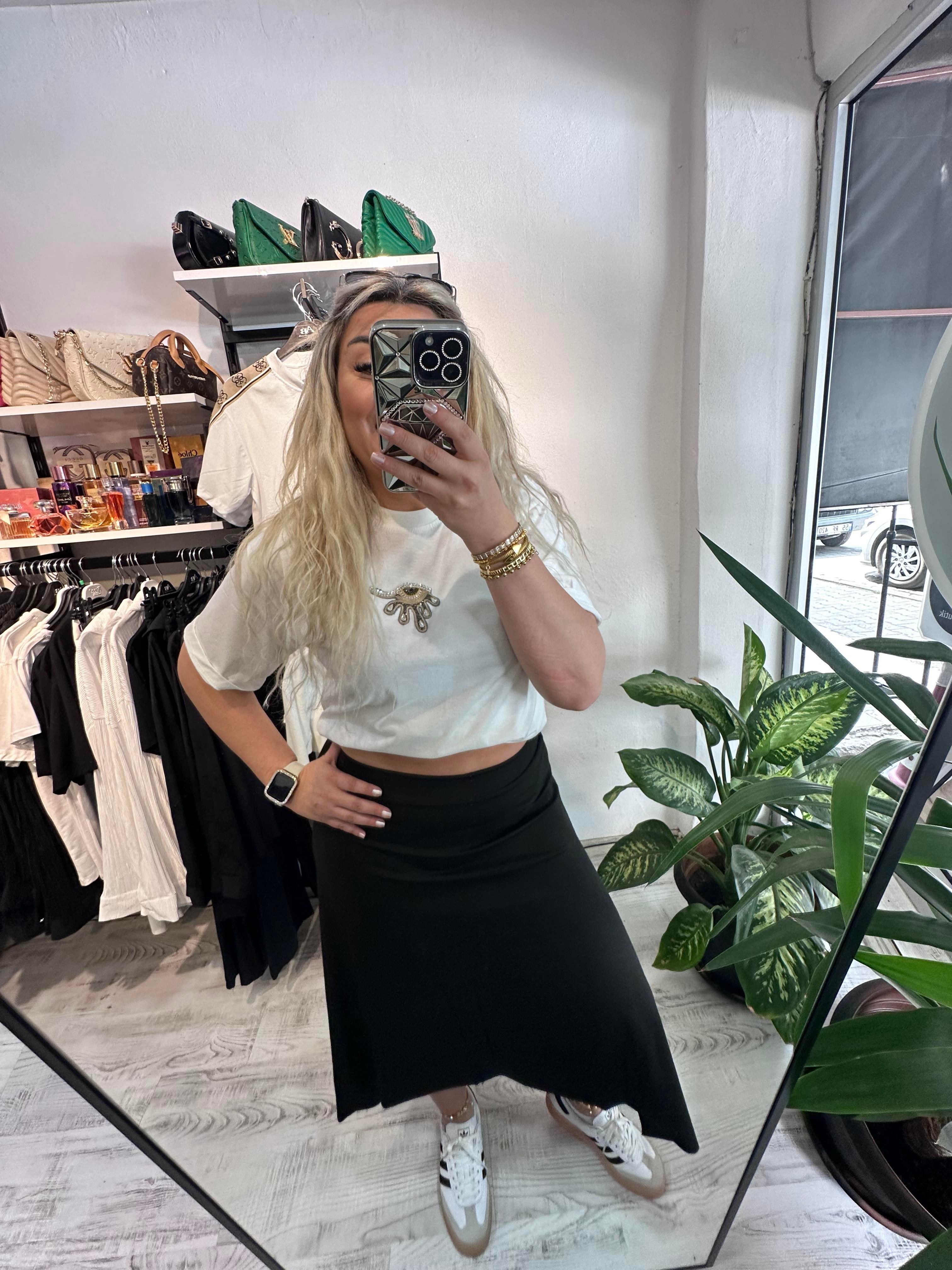 Asimetrik Kesim Beli Lastikli Etek