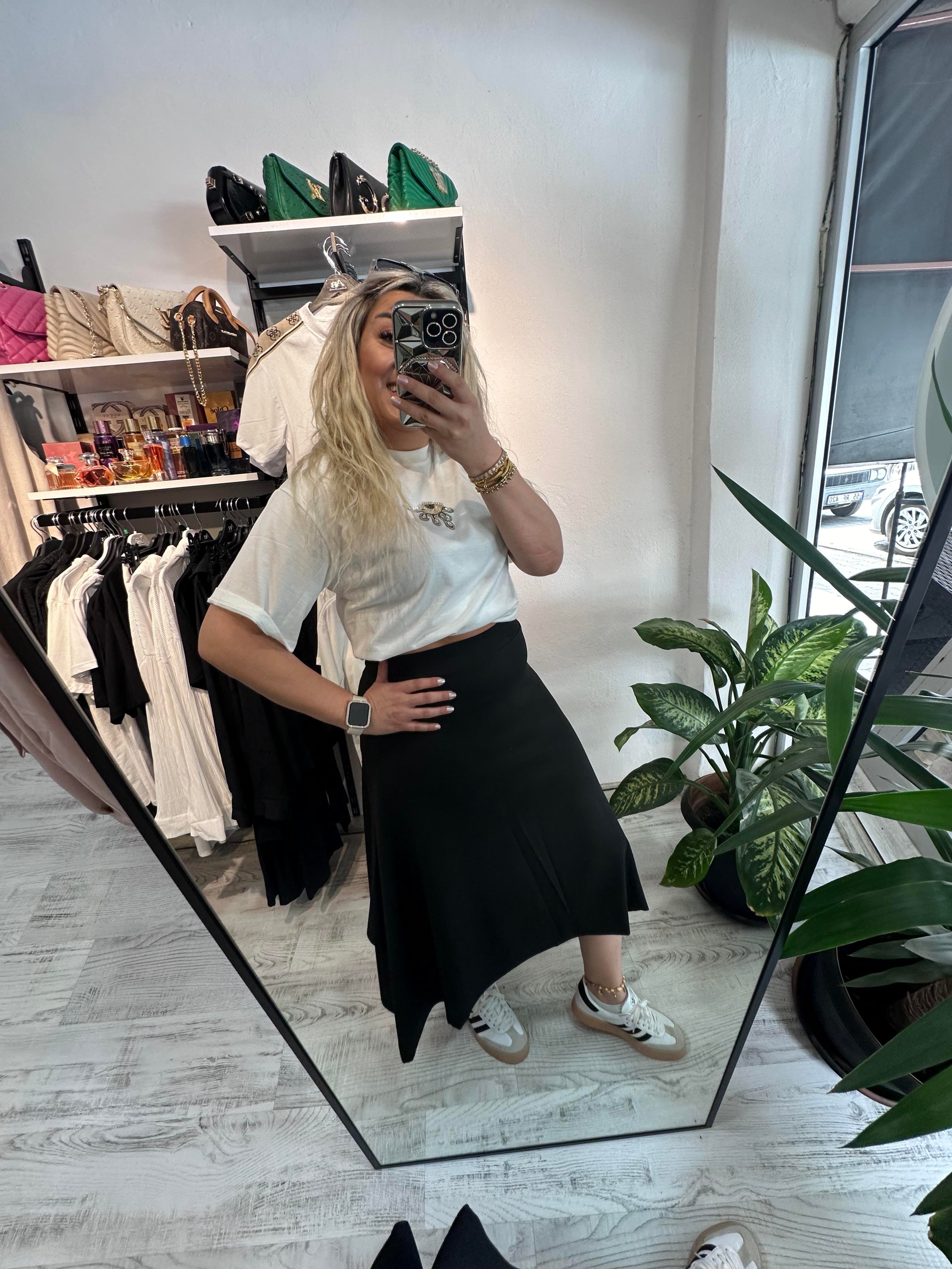 Asimetrik Kesim Beli Lastikli Etek