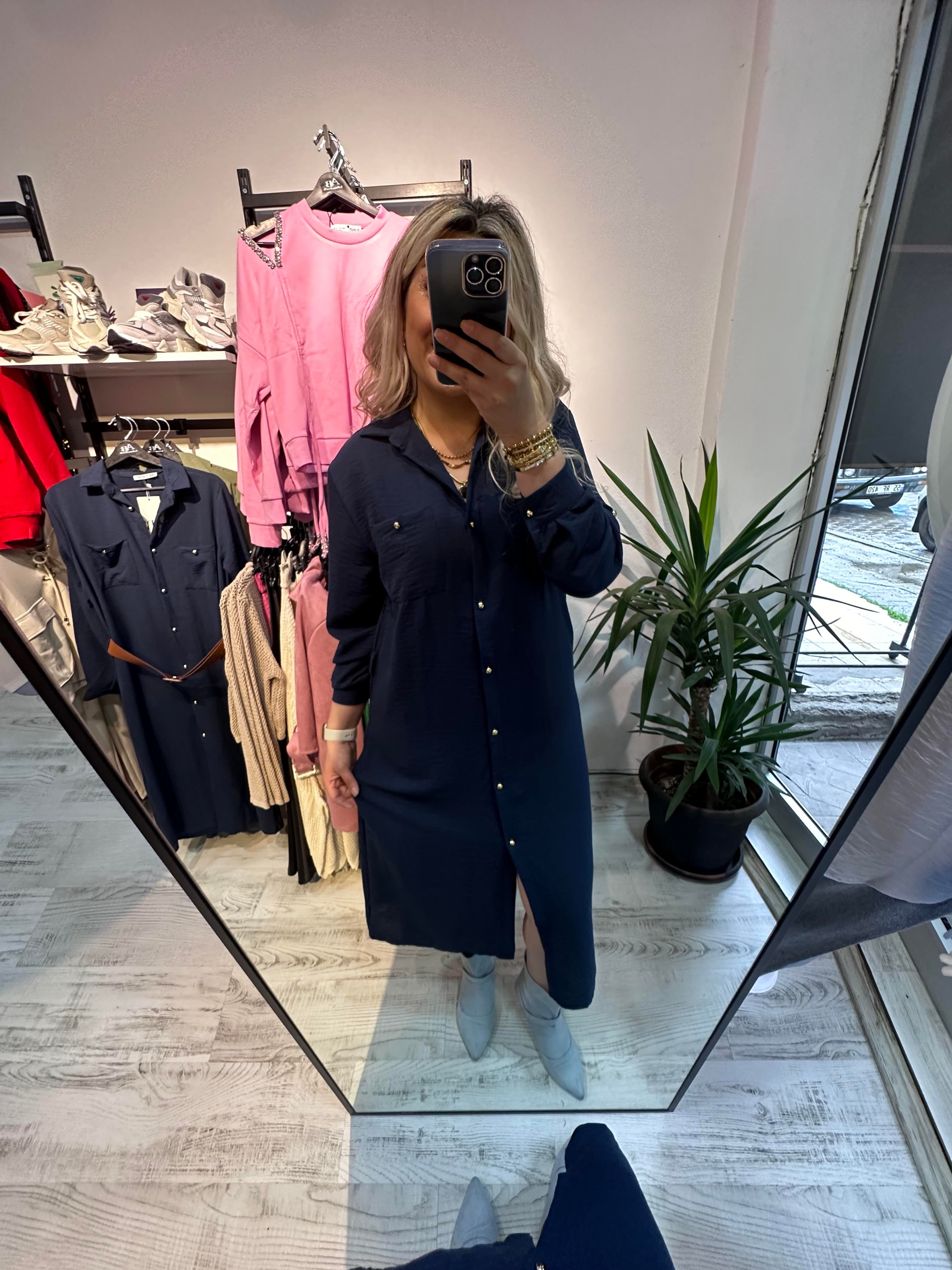 Ayrobin Keten Mrk Model Lacivert Elbise