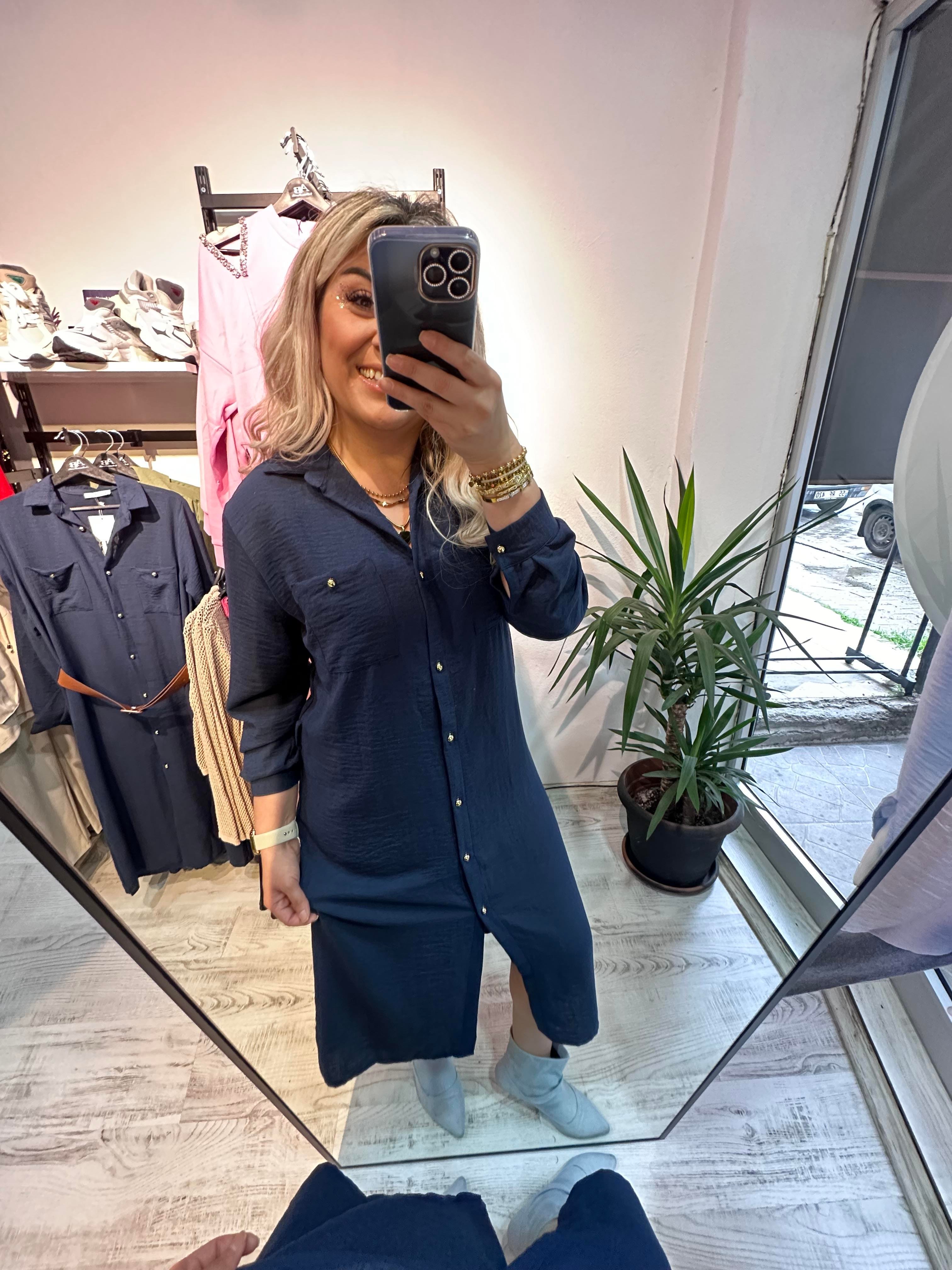 Ayrobin Keten Mrk Model Lacivert Elbise